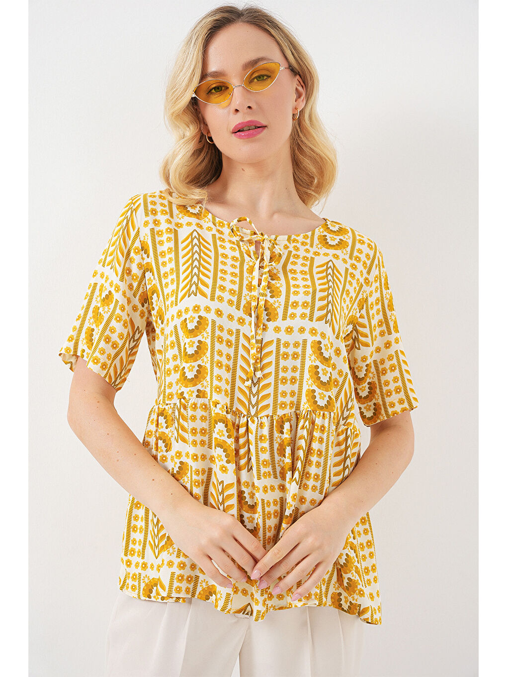 Kadın Desenli Kısa Kol Bluz 969 - Sarı-2
