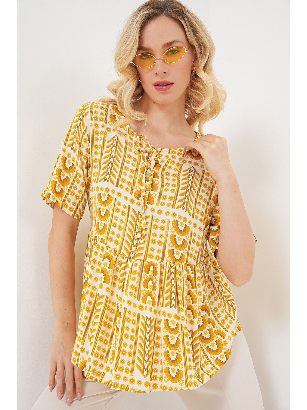 Kadın Desenli Kısa Kol Bluz 969 - Sarı-3
