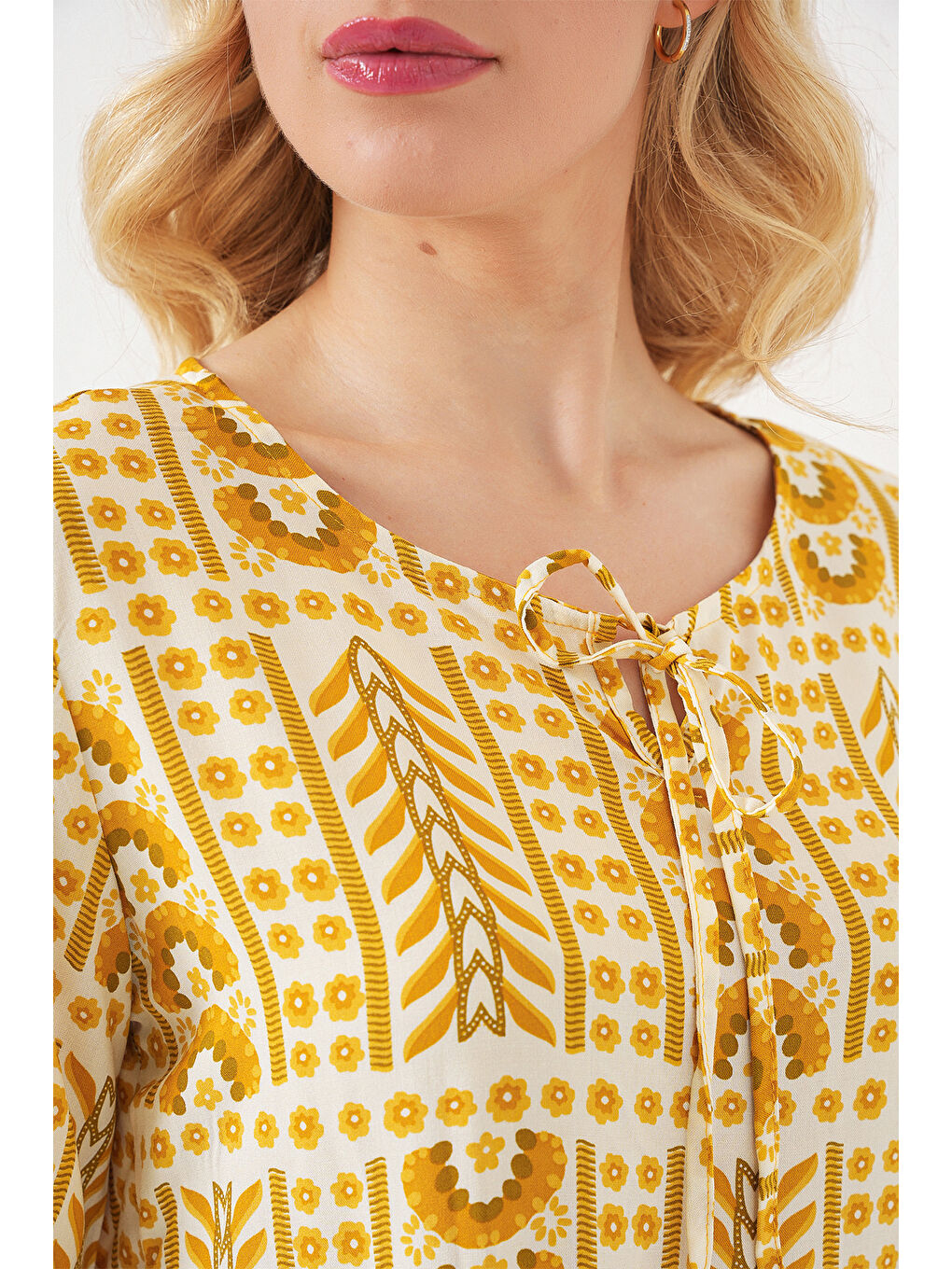 Kadın Desenli Kısa Kol Bluz 969 - Sarı-4