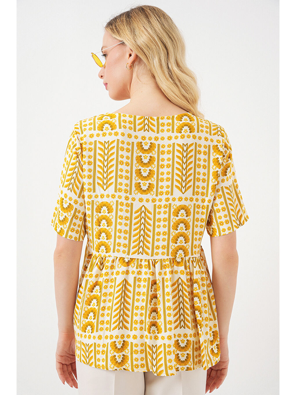 Kadın Desenli Kısa Kol Bluz 969 - Sarı-5