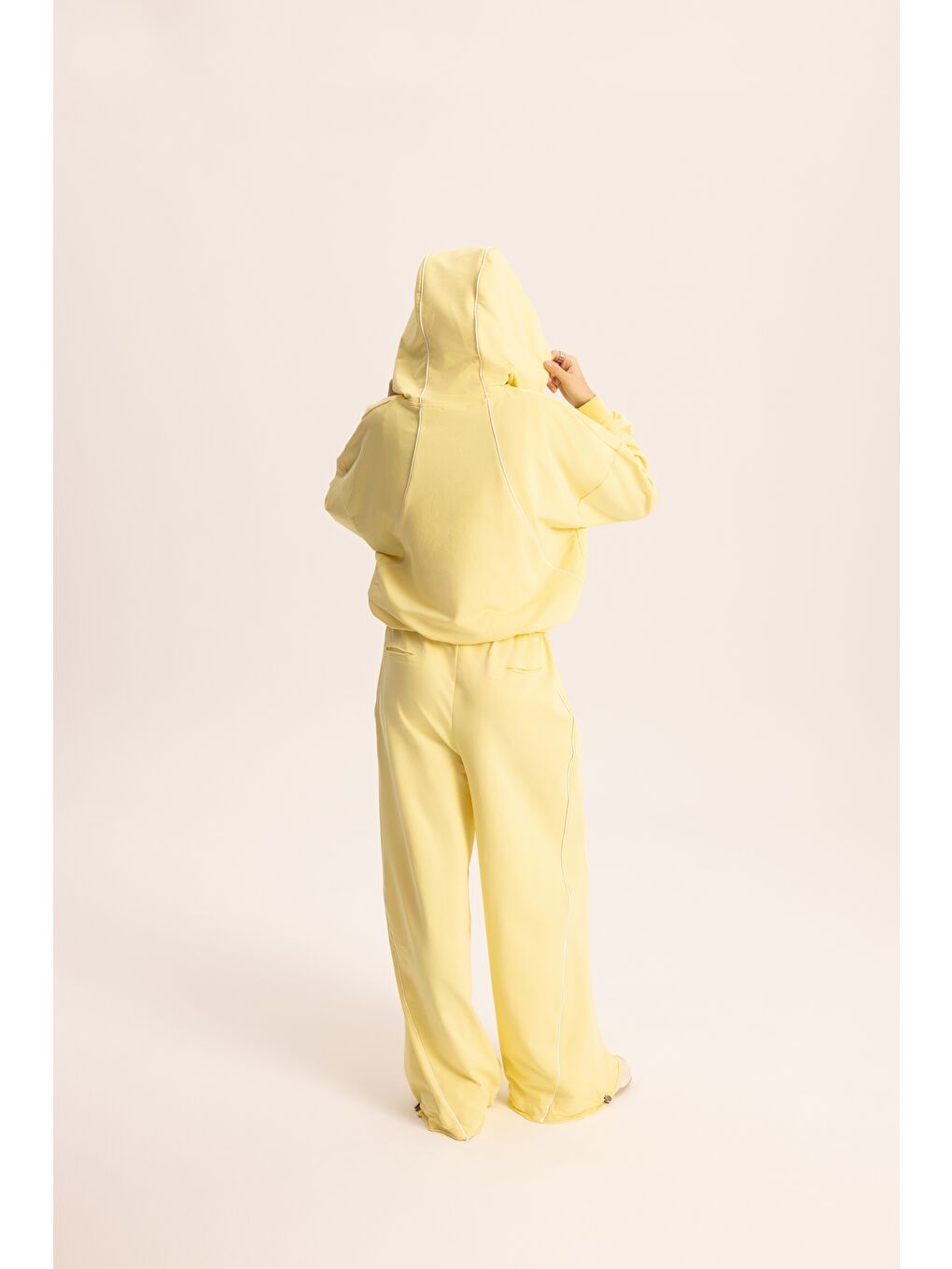 Tyon Şerit Detay Sarı Kapüşonlu Crop Eşofman Takım-4