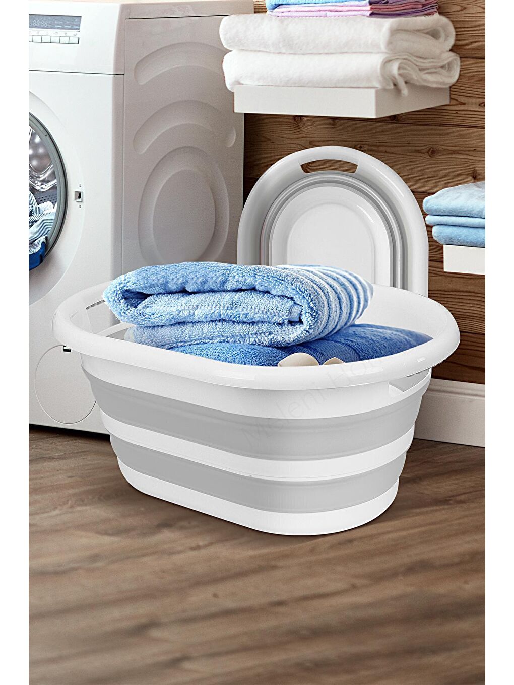 Gri 4'lü Katlanır Çamaşır Sepeti Seti - 90 Lt Kirli Çamaşır Sepeti - Katlanır Sele - Su Kovası - Maşrapa-2