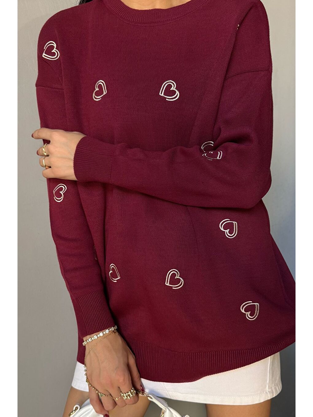 Bordo Kalp Nakışlı Kadın Triko Kazak-1