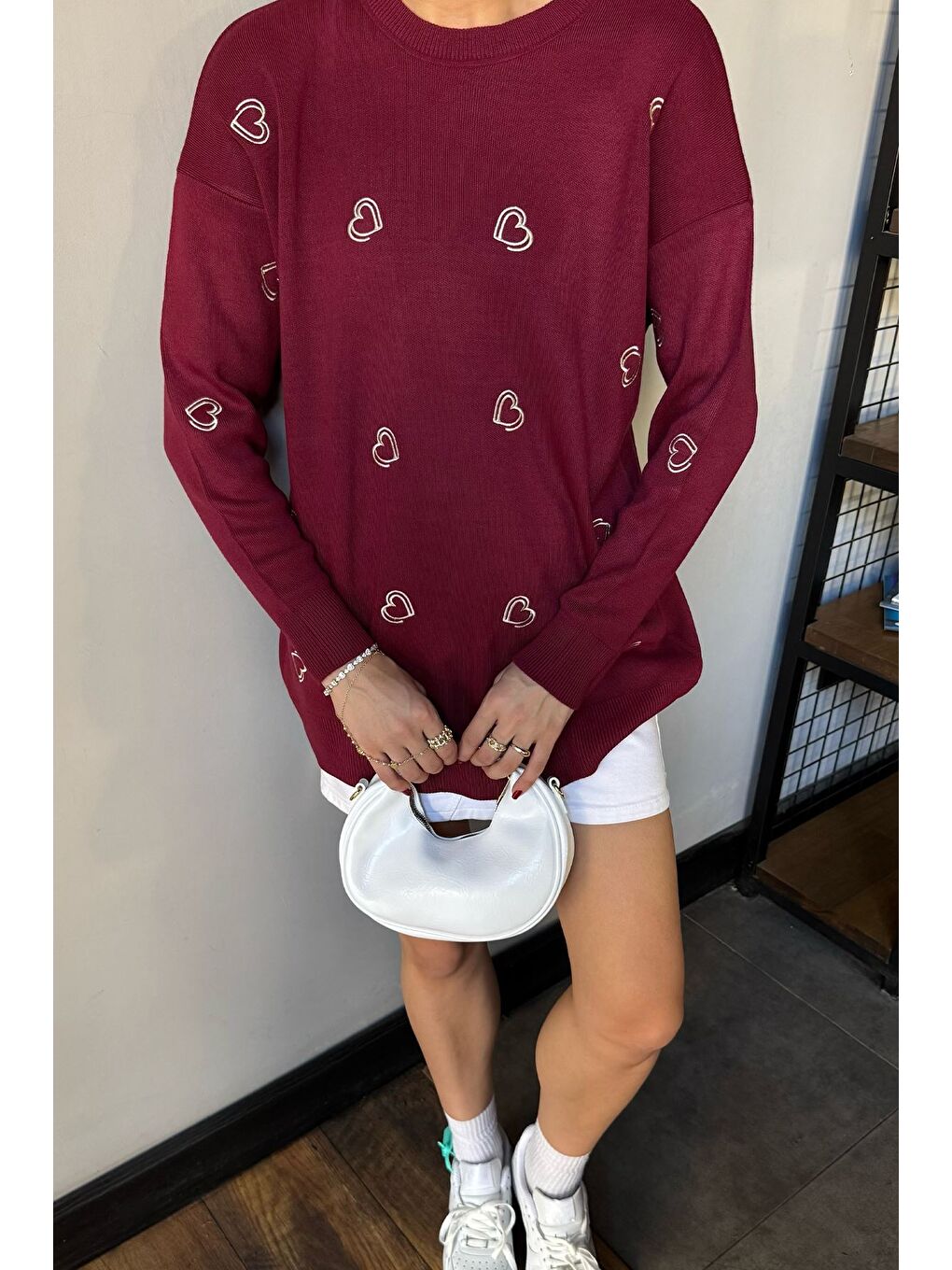 Bordo Kalp Nakışlı Kadın Triko Kazak-2