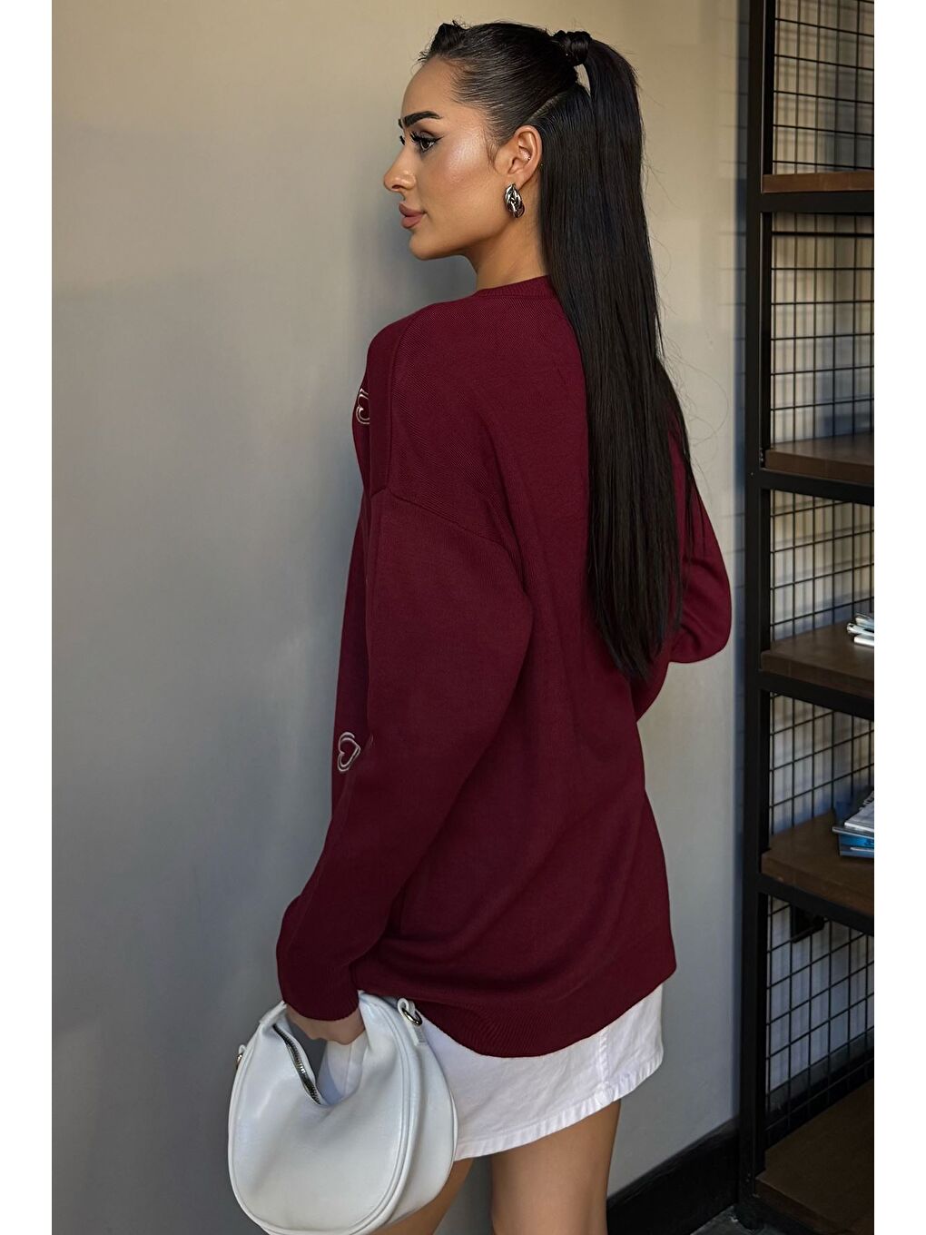 Bordo Kalp Nakışlı Kadın Triko Kazak-3