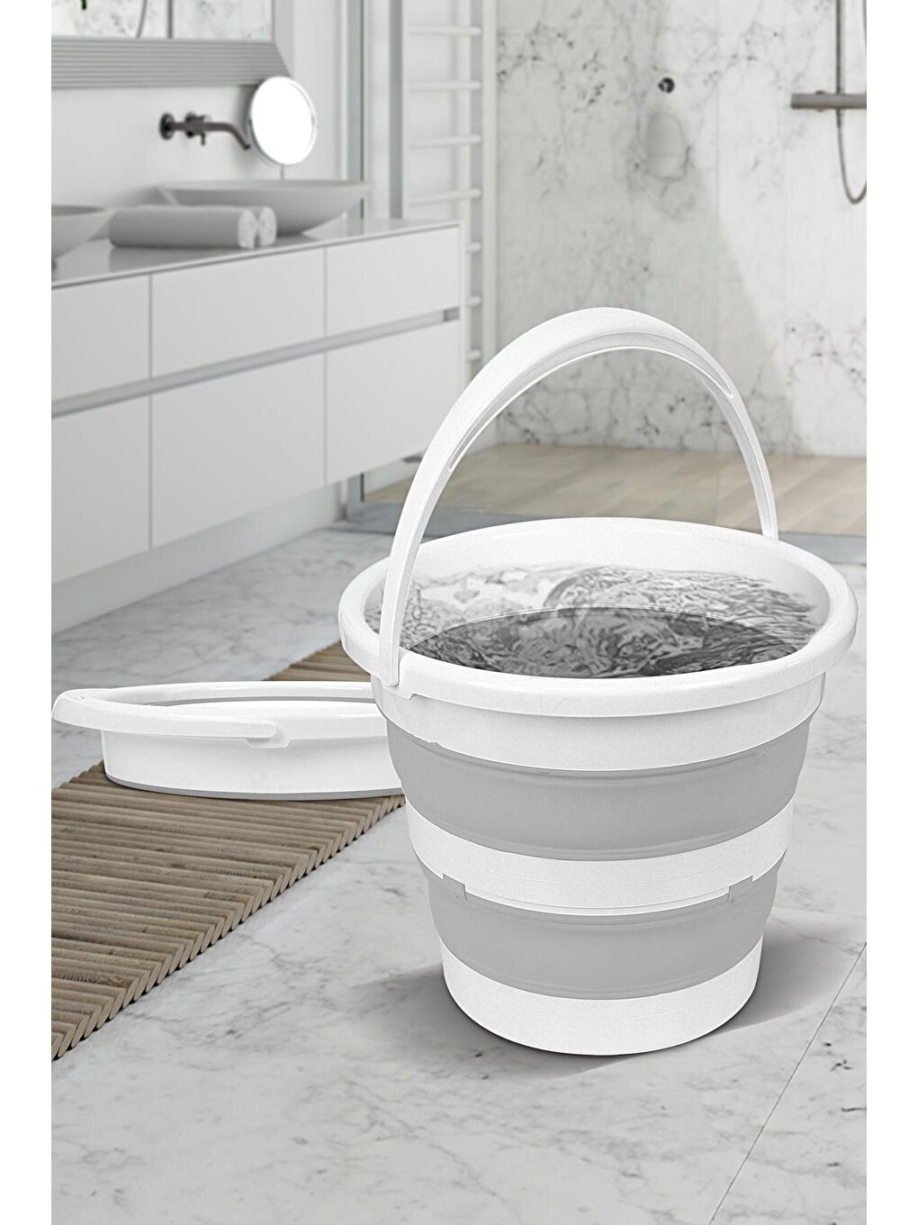Gri 4'lü Katlanır Çamaşır Sepeti Seti - 90 Lt Kirli Çamaşır Sepeti - Katlanır Sele - Su Kovası - Maşrapa-3