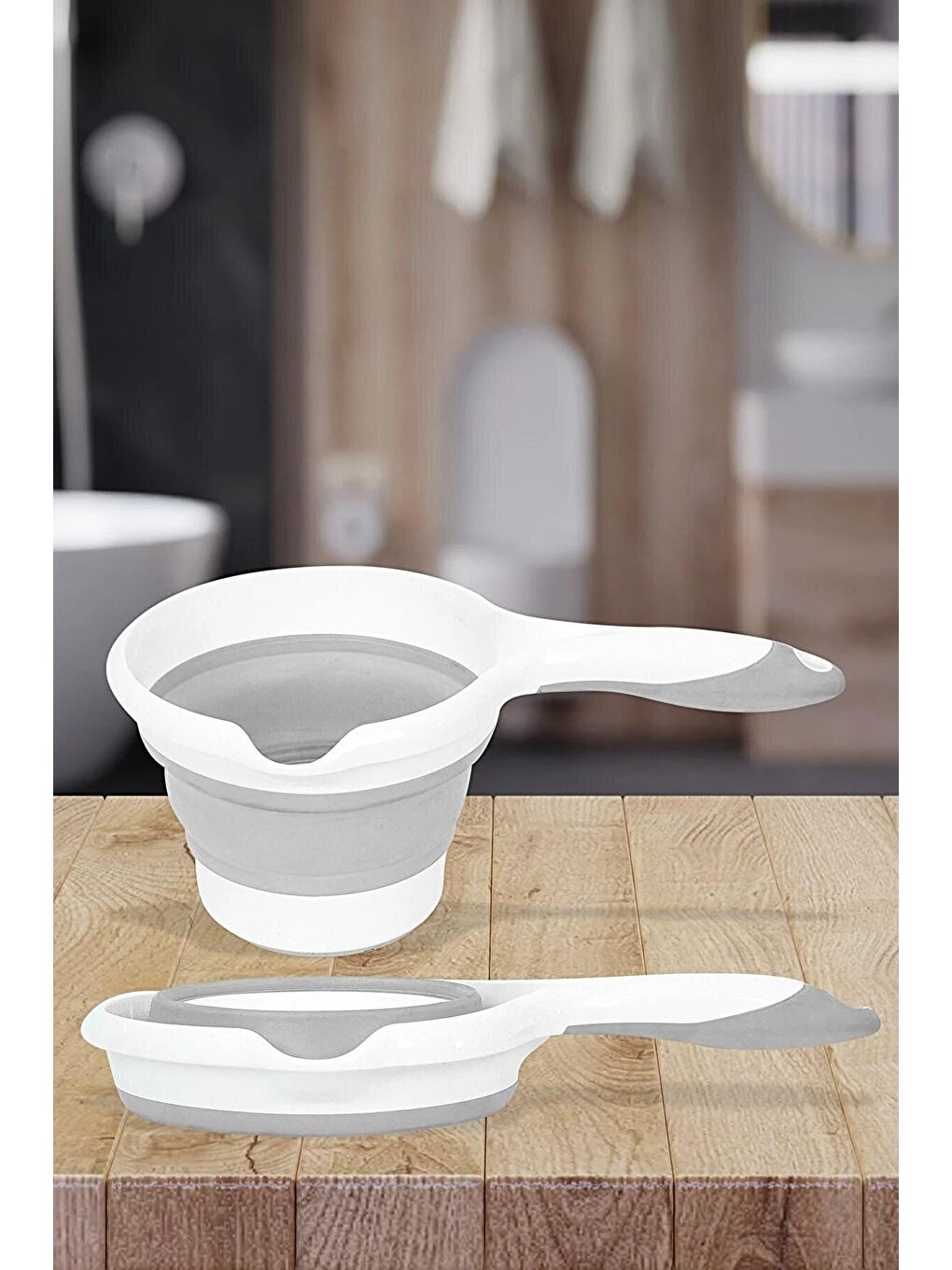 Gri 4'lü Katlanır Çamaşır Sepeti Seti - 90 Lt Kirli Çamaşır Sepeti - Katlanır Sele - Su Kovası - Maşrapa-4