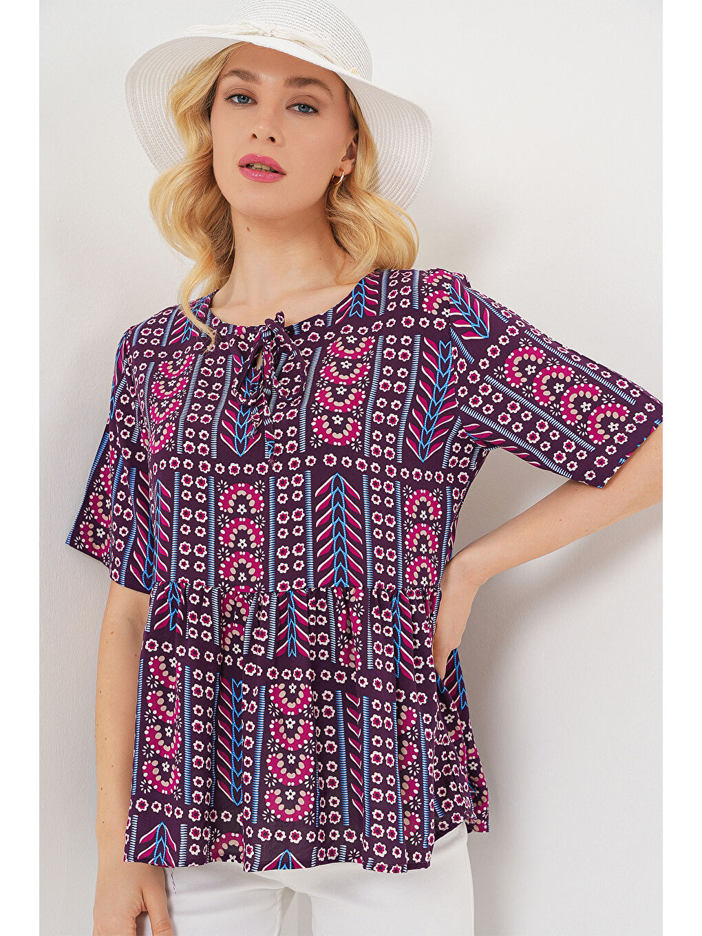 Kadın Desenli Kısa Kol Bluz 969 - Bordo