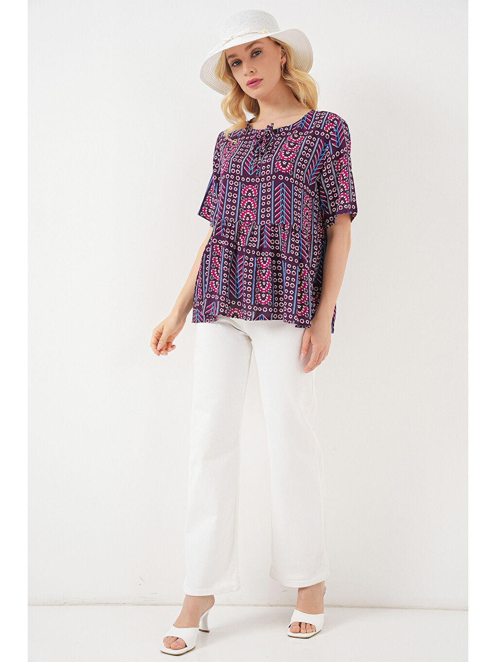 Kadın Desenli Kısa Kol Bluz 969 - Bordo-1