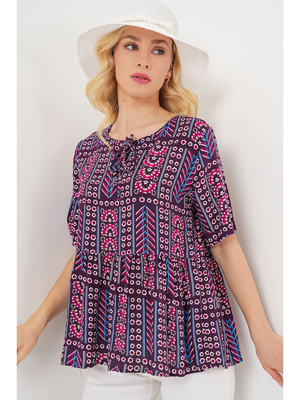 Kadın Desenli Kısa Kol Bluz 969 - Bordo-2