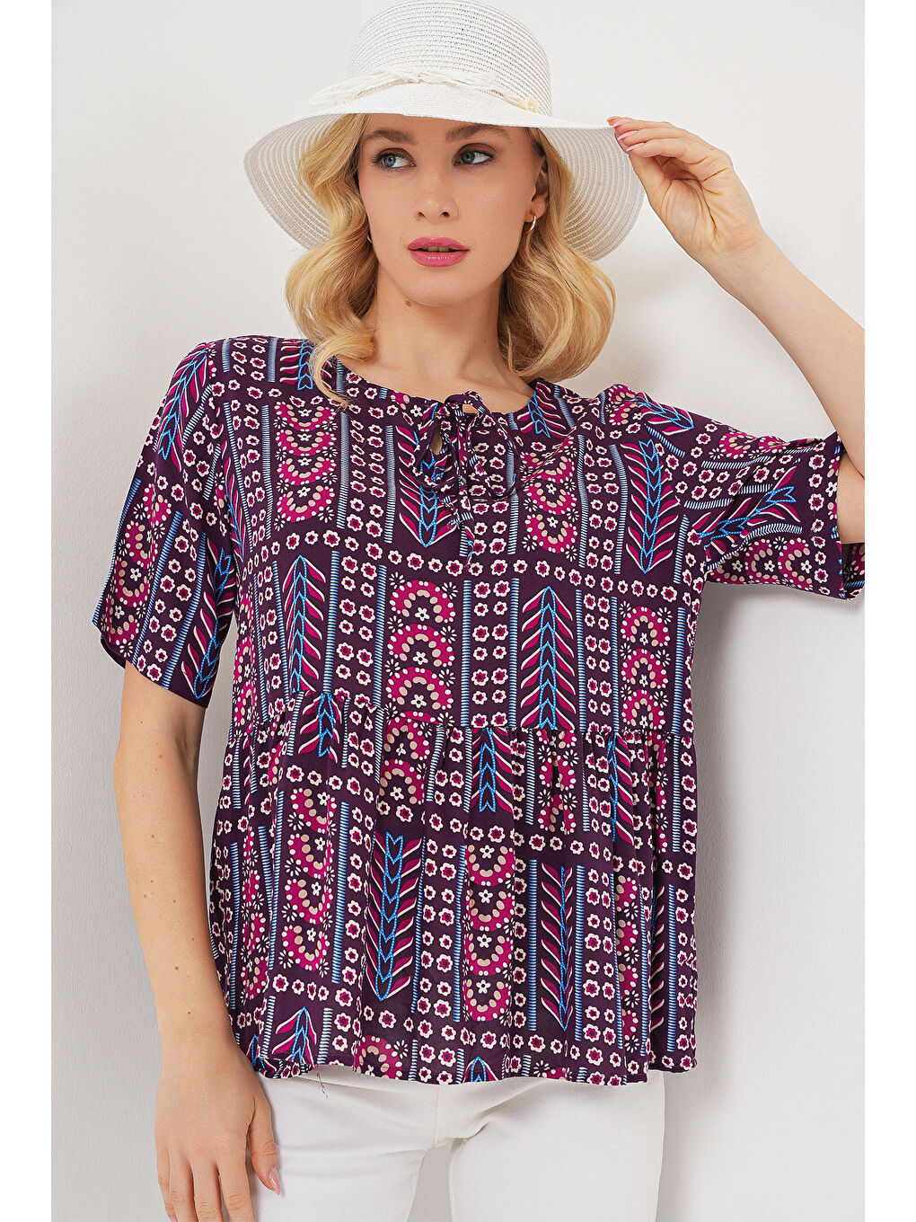 Kadın Desenli Kısa Kol Bluz 969 - Bordo-3