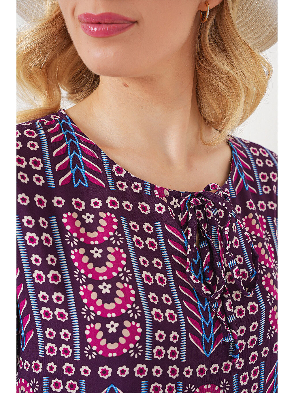 Kadın Desenli Kısa Kol Bluz 969 - Bordo-4