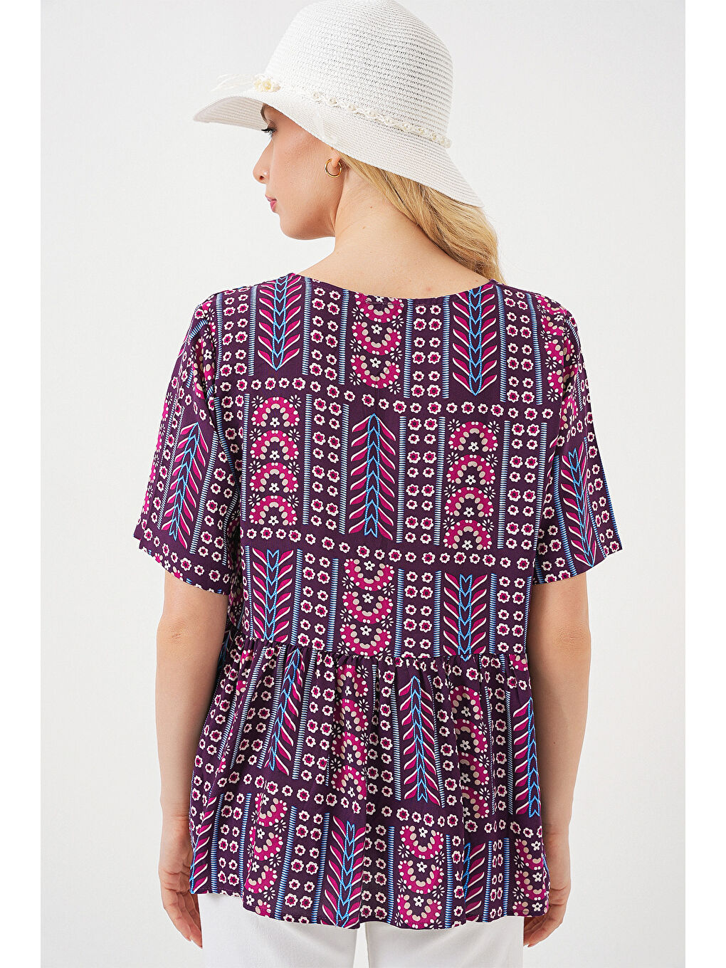 Kadın Desenli Kısa Kol Bluz 969 - Bordo-5