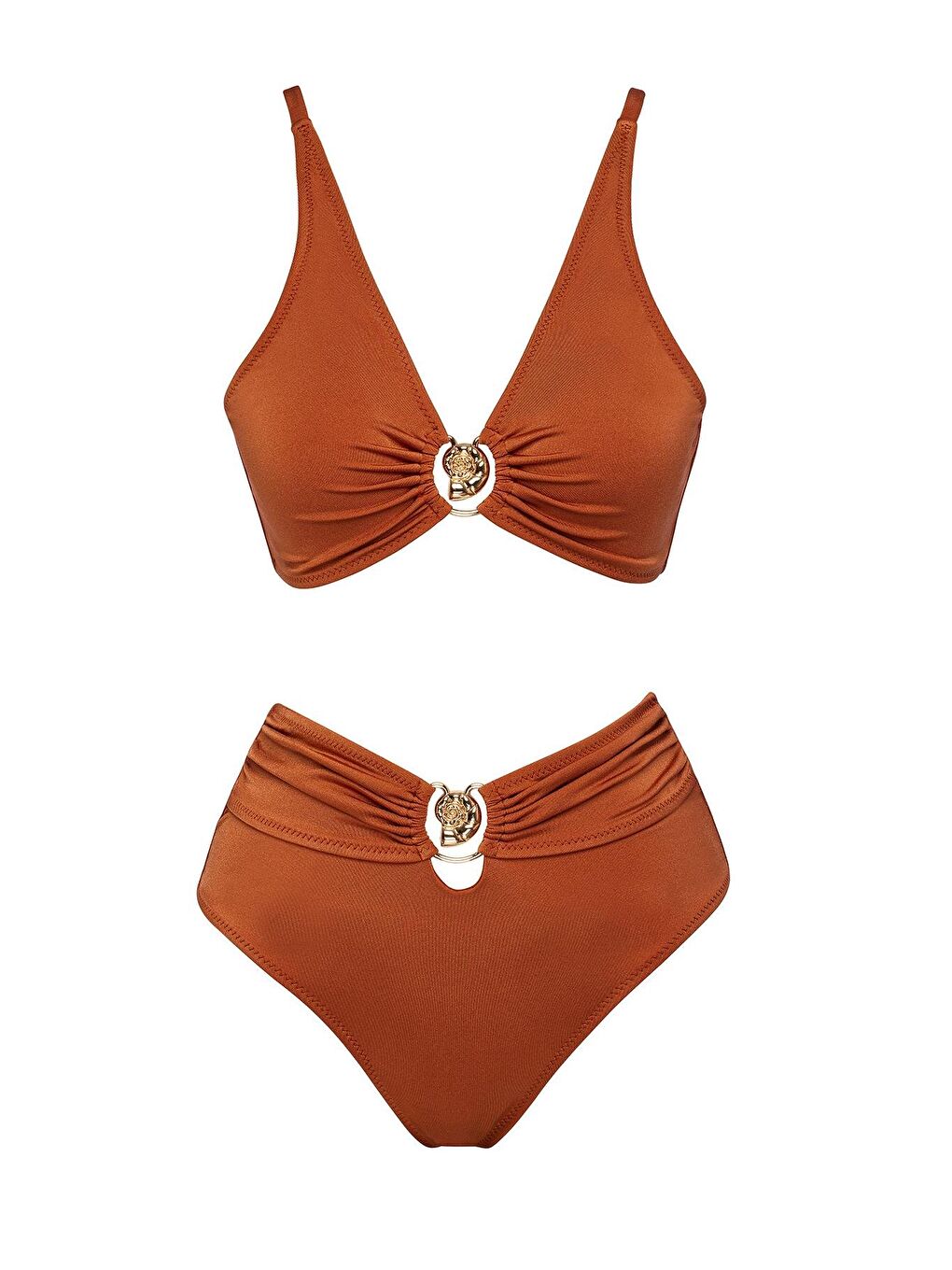 Kahverengi Özel Tasarım Yüksek Bel Bikini Takım