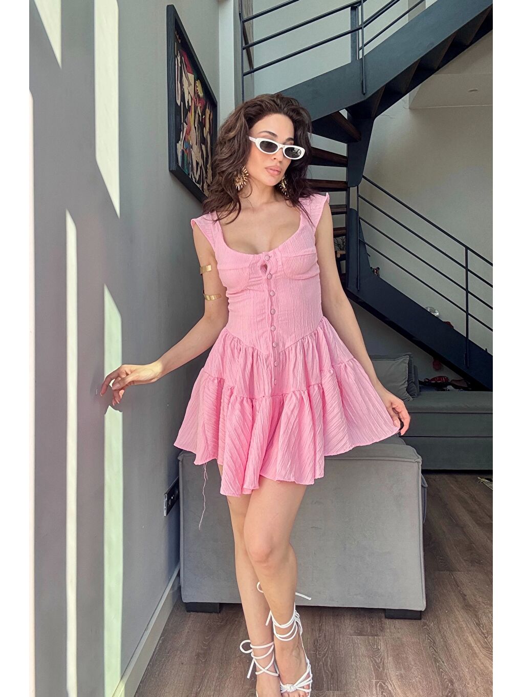 Kadın Pembe Düğme Deyalı Şort Tulum 1006-0495