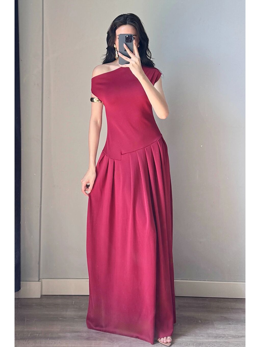 Kadın Bordo Tek Omuz Elbise 0994-0098-1