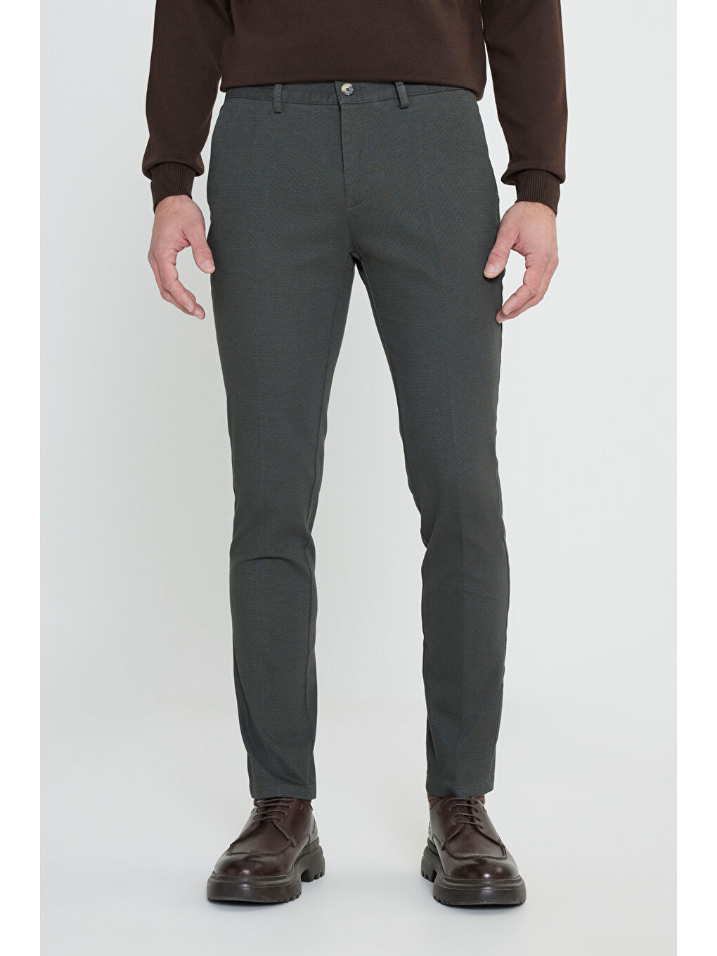 Erkek Yeşil Slim Fit Dar Kesim Pamuklu Esnek Armürlü Yan Cep Pantolon