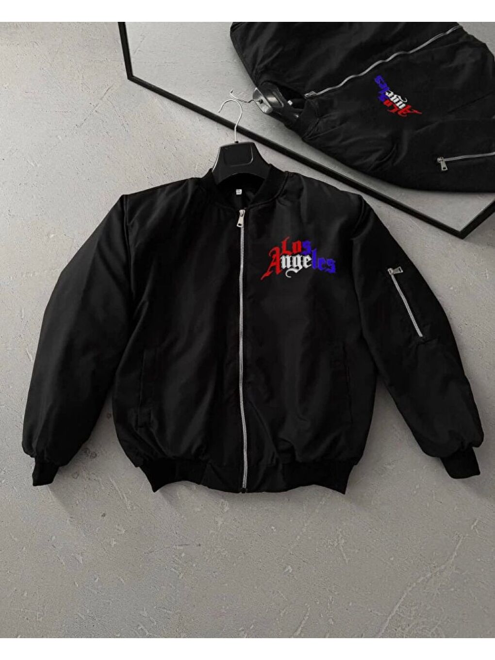 Tam Fermuarlı Uzun Kol Baskılı Bomber Ceket - Siyah