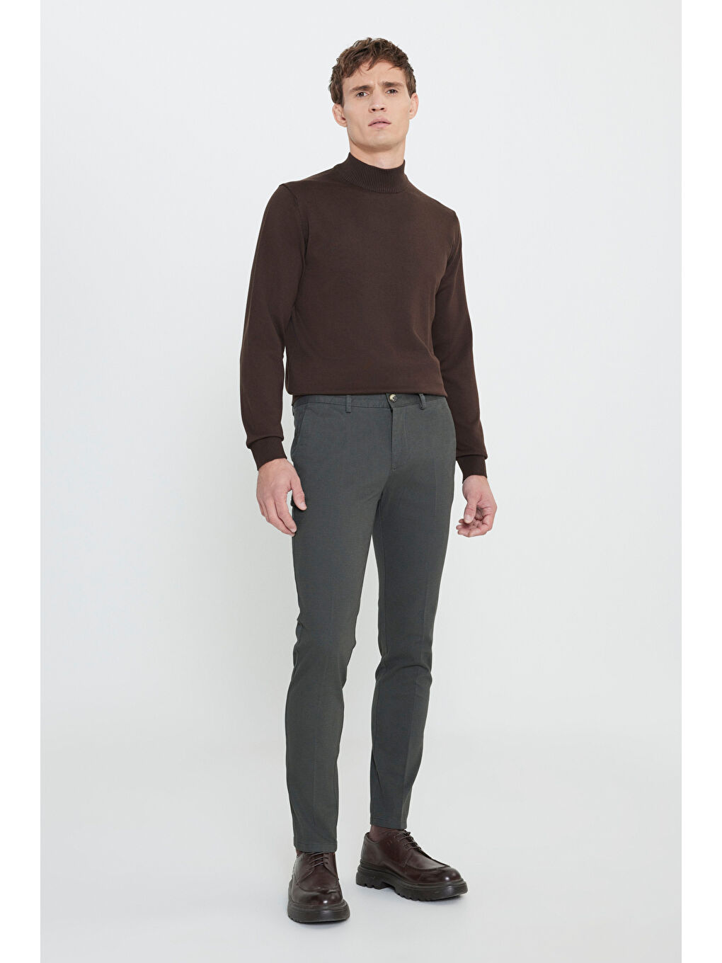 Erkek Yeşil Slim Fit Dar Kesim Pamuklu Esnek Armürlü Yan Cep Pantolon-1