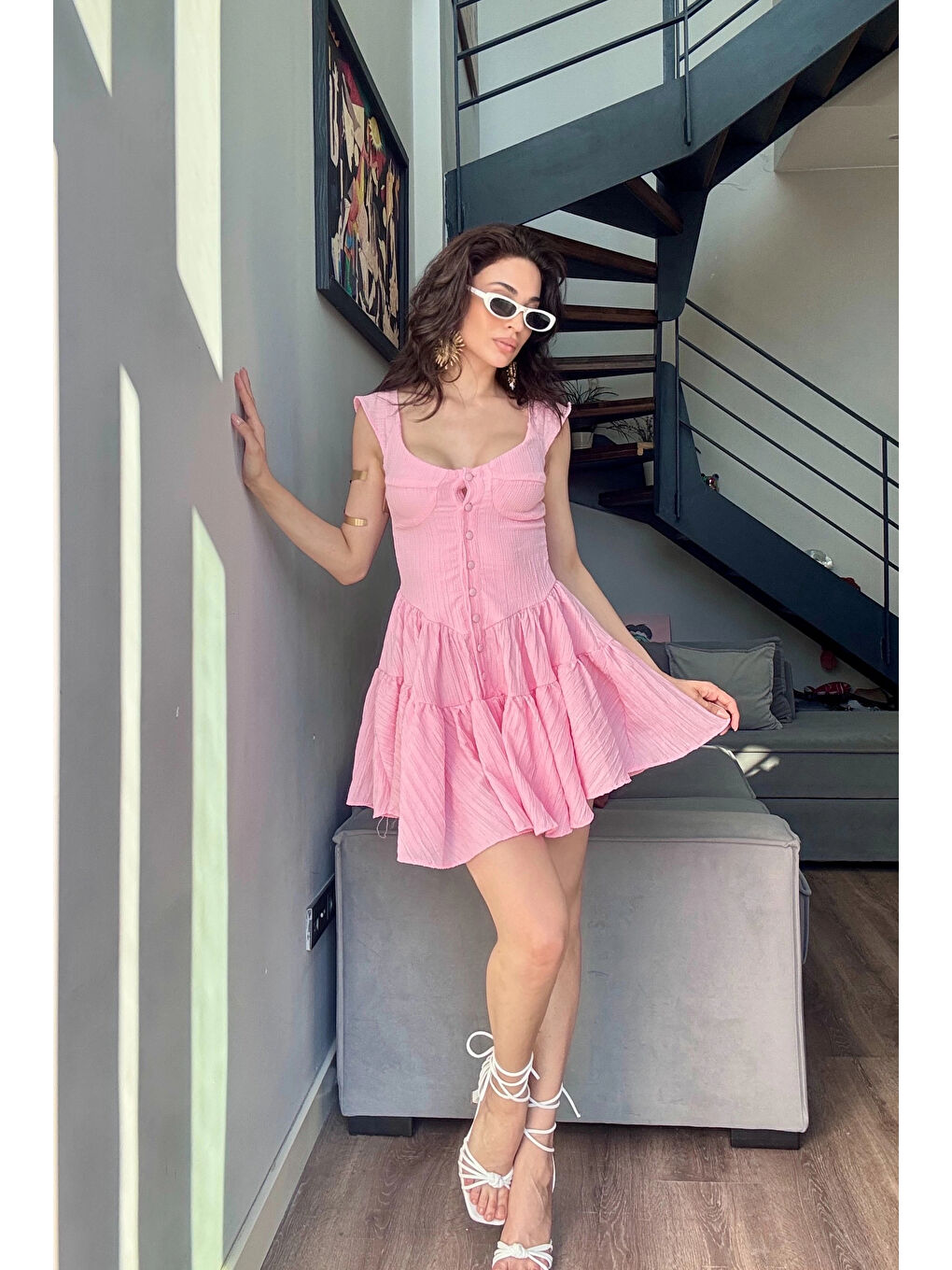 Kadın Pembe Düğme Deyalı Şort Tulum 1006-0495-1