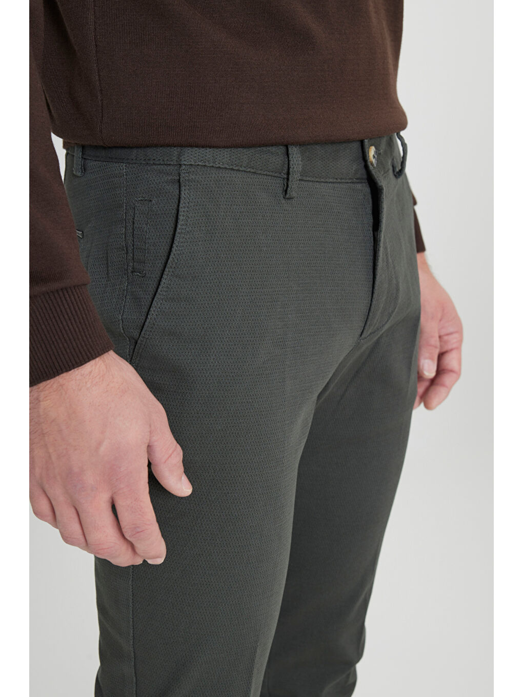 Erkek Yeşil Slim Fit Dar Kesim Pamuklu Esnek Armürlü Yan Cep Pantolon-3