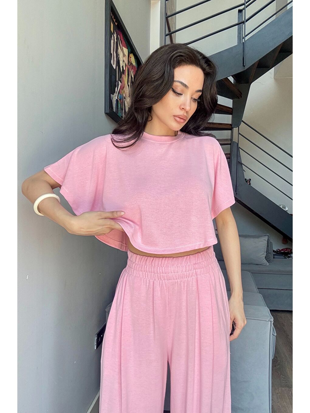Kadın Pembe Crop Pantolon Takım 1017-0176-1