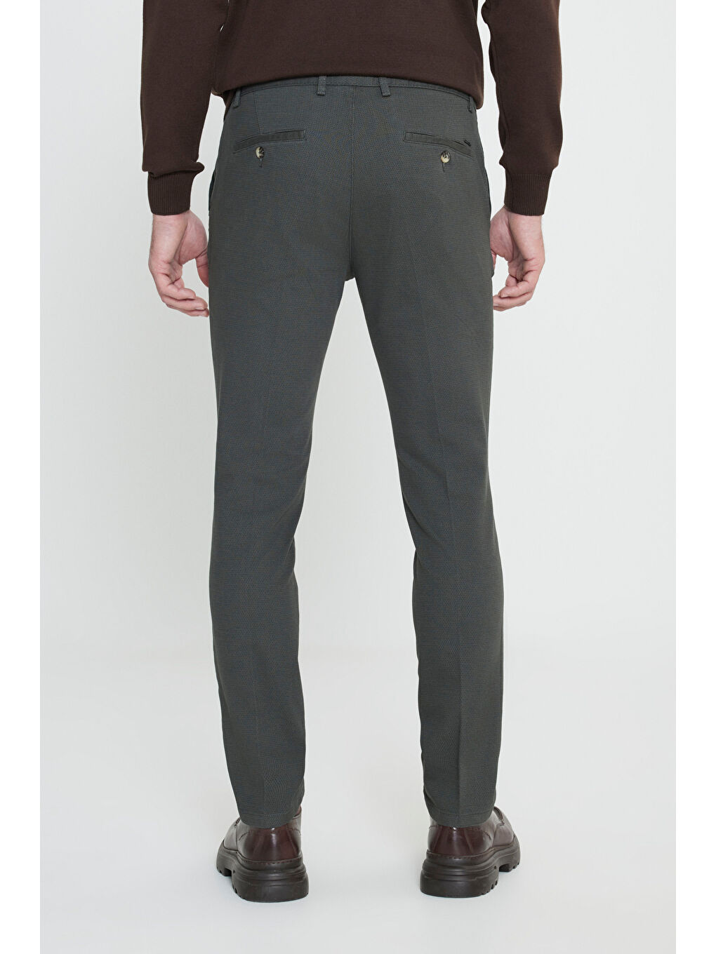 Erkek Yeşil Slim Fit Dar Kesim Pamuklu Esnek Armürlü Yan Cep Pantolon-4