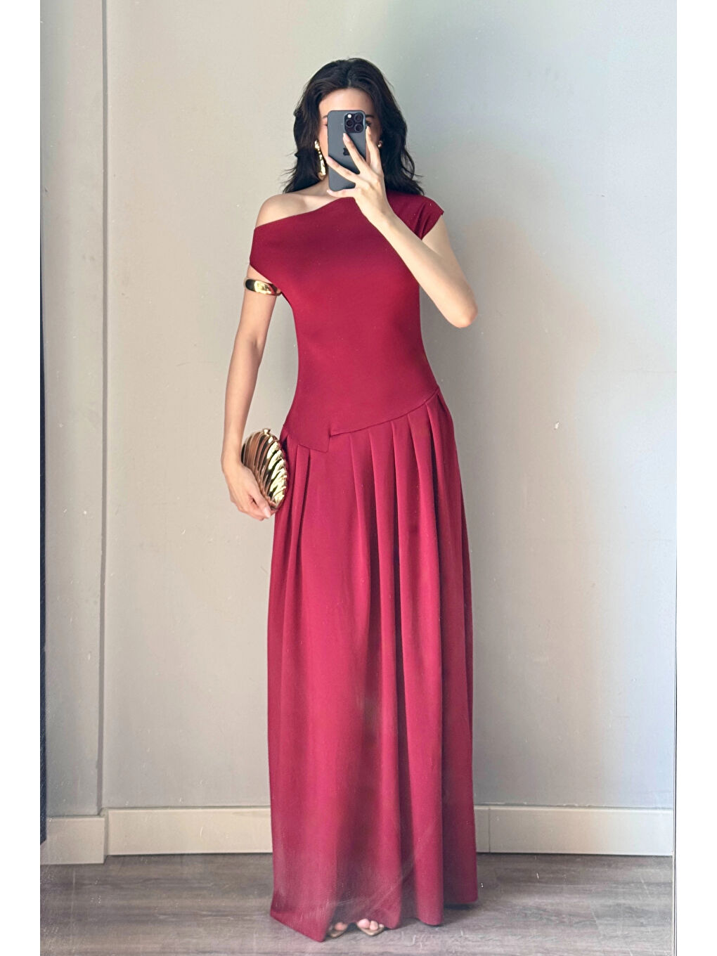 Kadın Bordo Tek Omuz Elbise 0994-0098-2