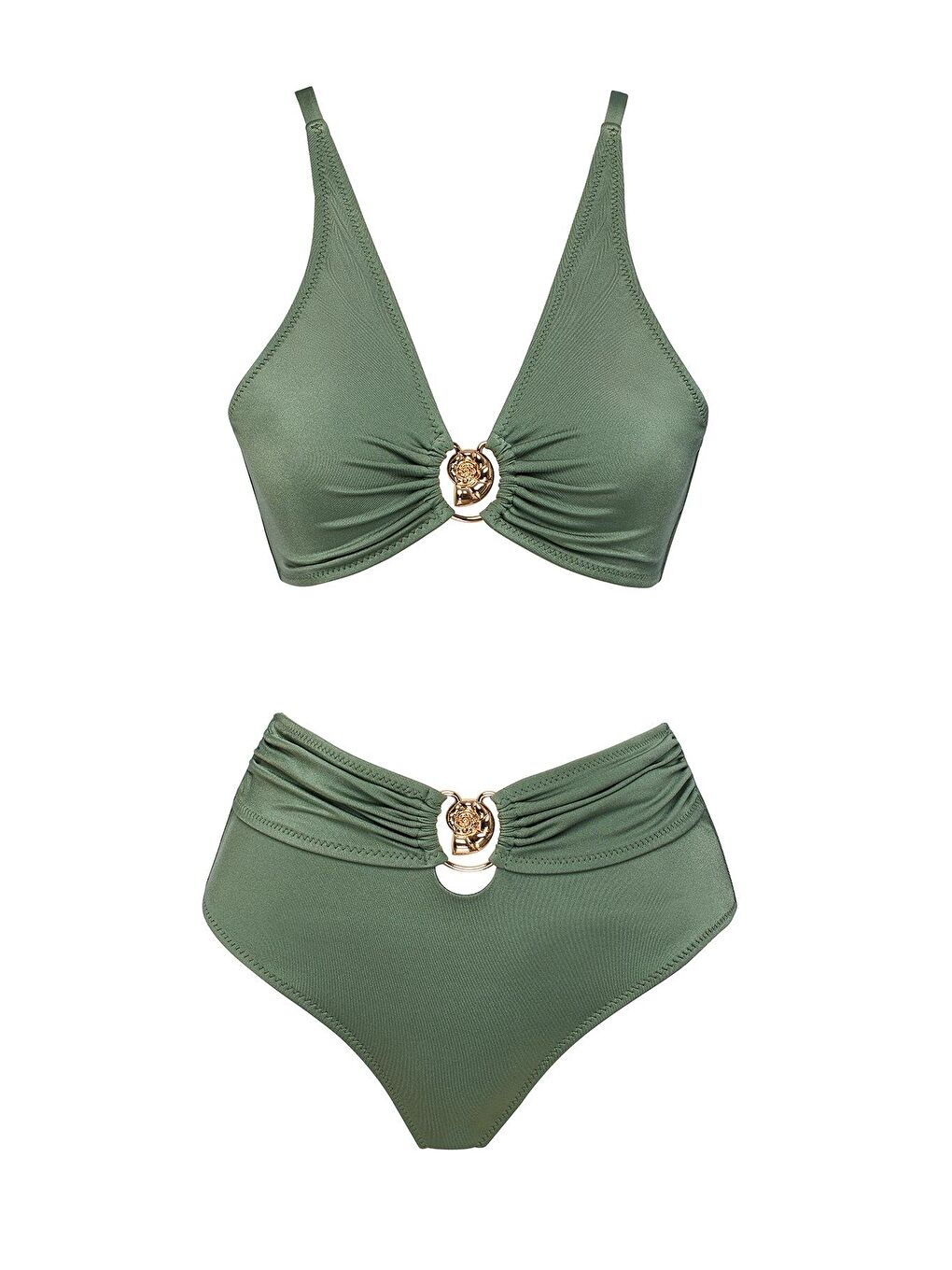 Haki Özel Tasarım Yüksek Bel Bikini Takım