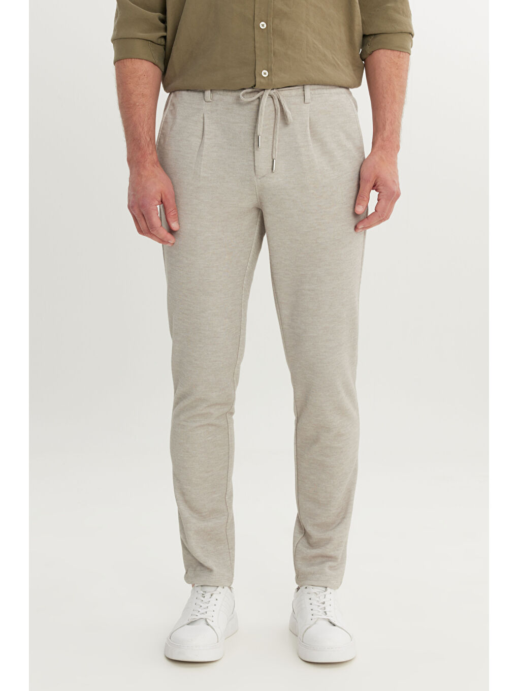 Erkek Bej 360 Her Yöne Esneyen Slim Fit Dar Kesim Beli Bağlamalı Armürlü Casual Pantolon
