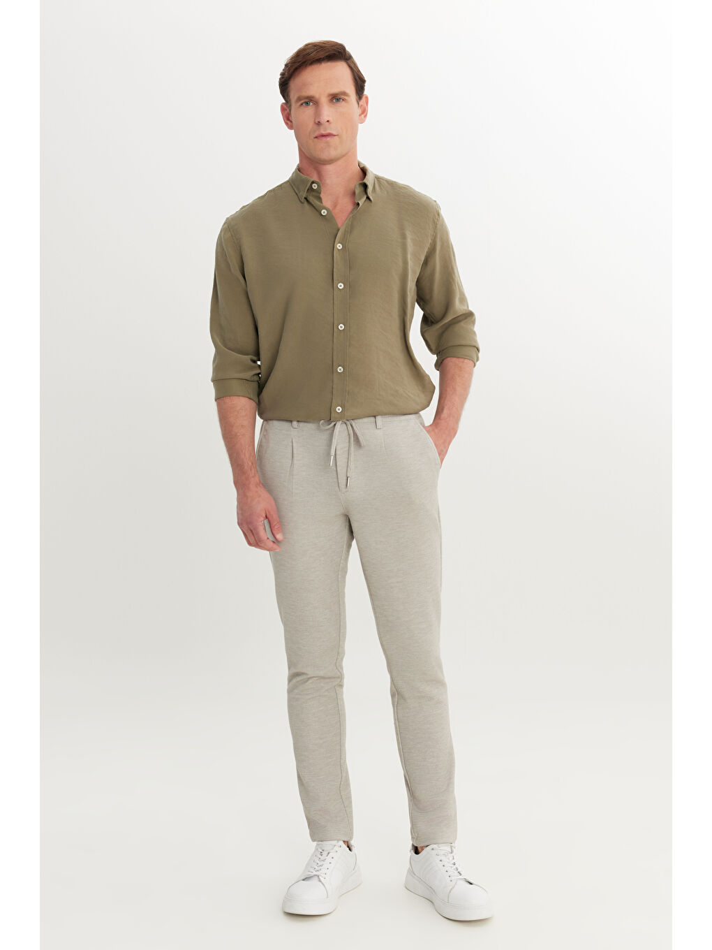 Erkek Bej 360 Her Yöne Esneyen Slim Fit Dar Kesim Beli Bağlamalı Armürlü Casual Pantolon-1