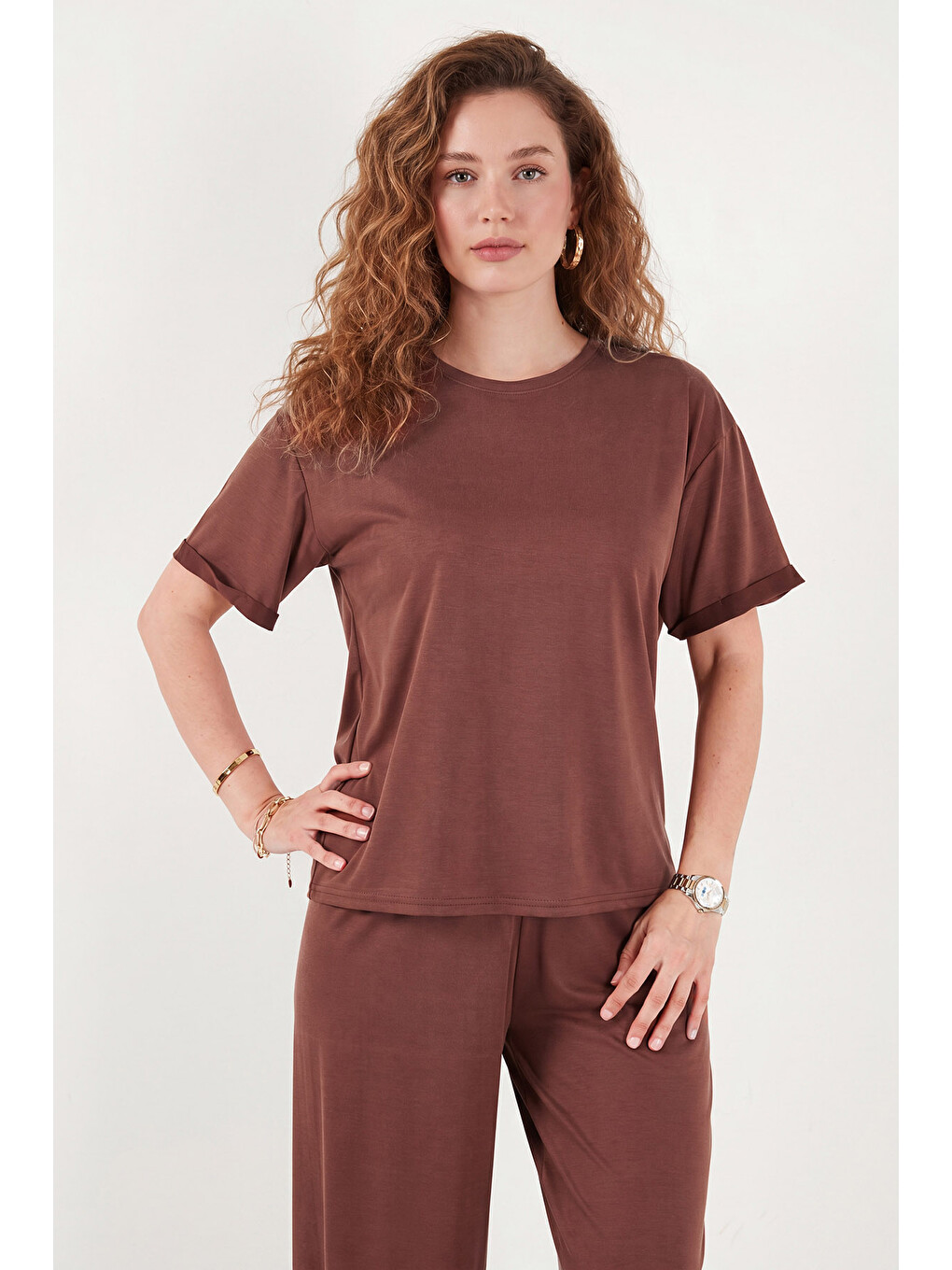 Kahverengi Yumuşak Dokulu Bisiklet Yaka Lastikli Bel Kısa Kollu Kadın Pijama Takımı 65720102-3