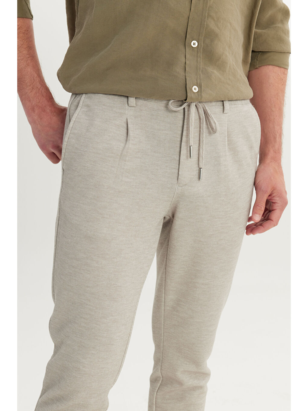 Erkek Bej 360 Her Yöne Esneyen Slim Fit Dar Kesim Beli Bağlamalı Armürlü Casual Pantolon-3