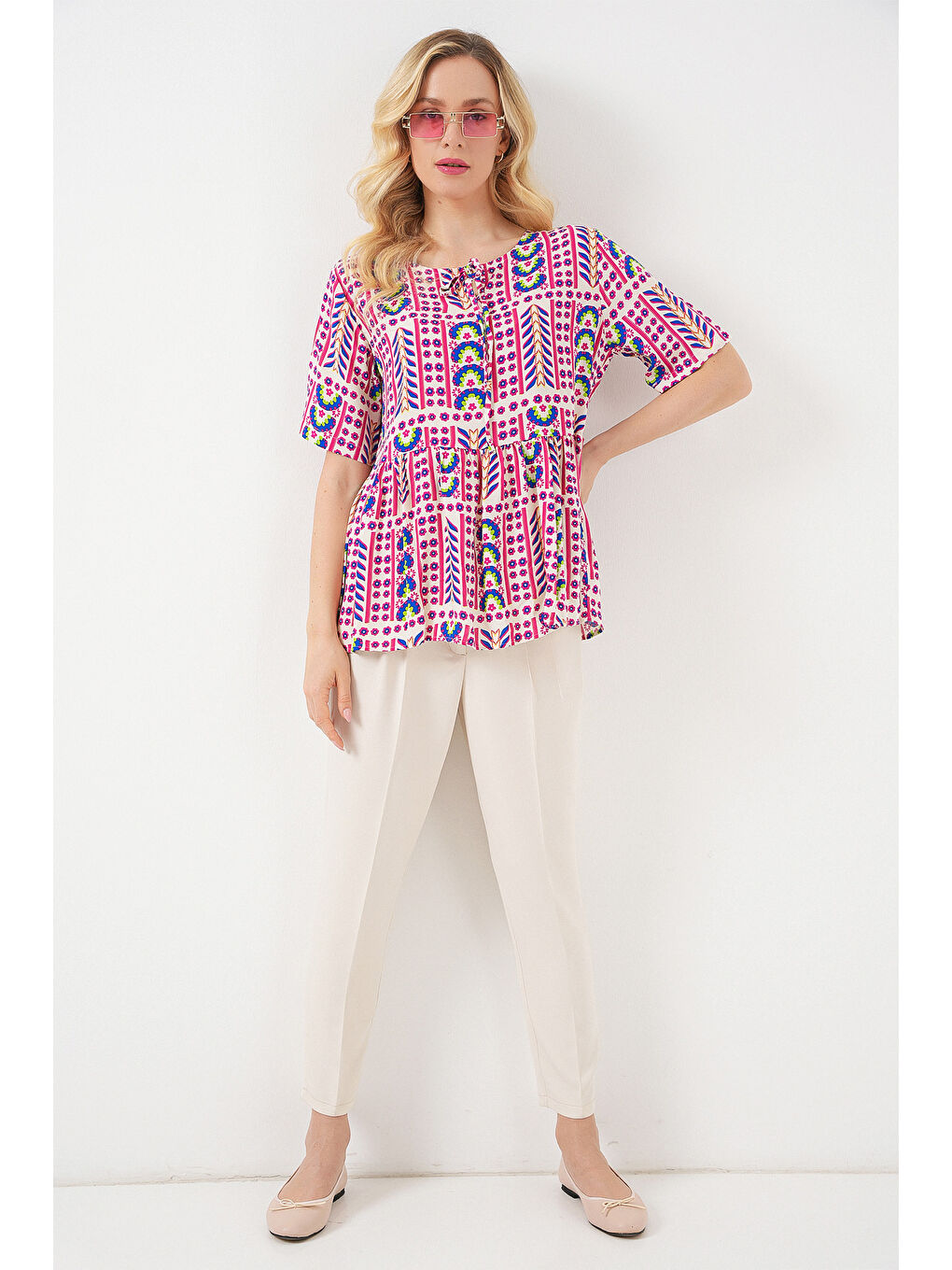 Kadın Desenli Kısa Kol Bluz 969 - Fuşya-1