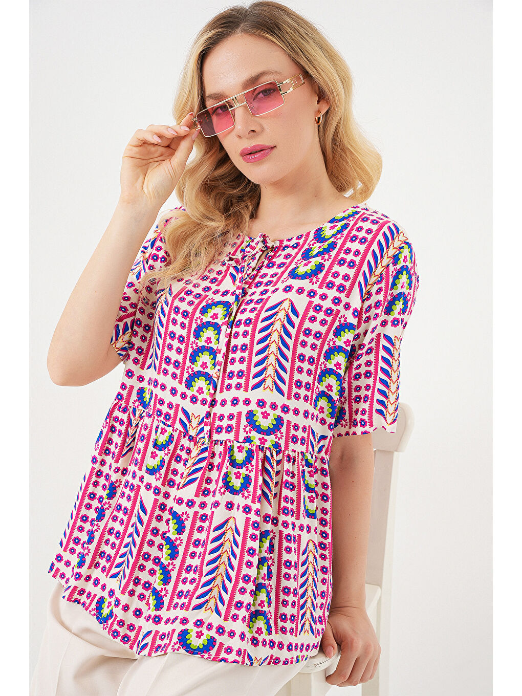 Kadın Desenli Kısa Kol Bluz 969 - Fuşya-2