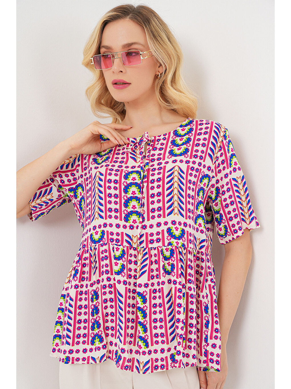 Kadın Desenli Kısa Kol Bluz 969 - Fuşya-3