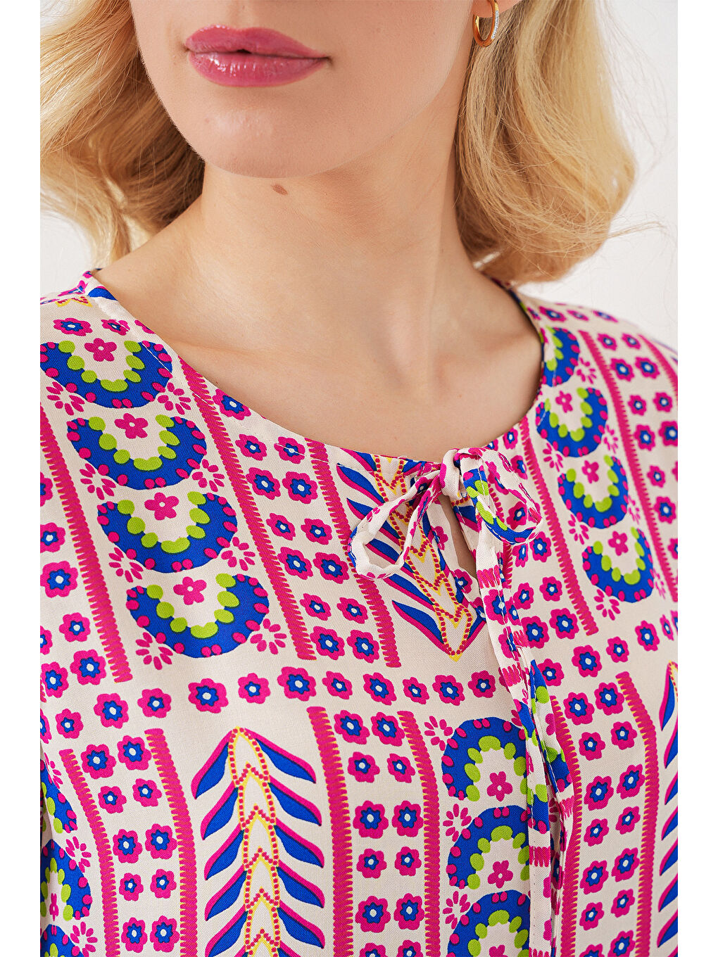 Kadın Desenli Kısa Kol Bluz 969 - Fuşya-4