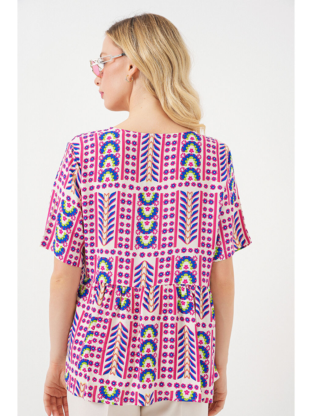 Kadın Desenli Kısa Kol Bluz 969 - Fuşya-5
