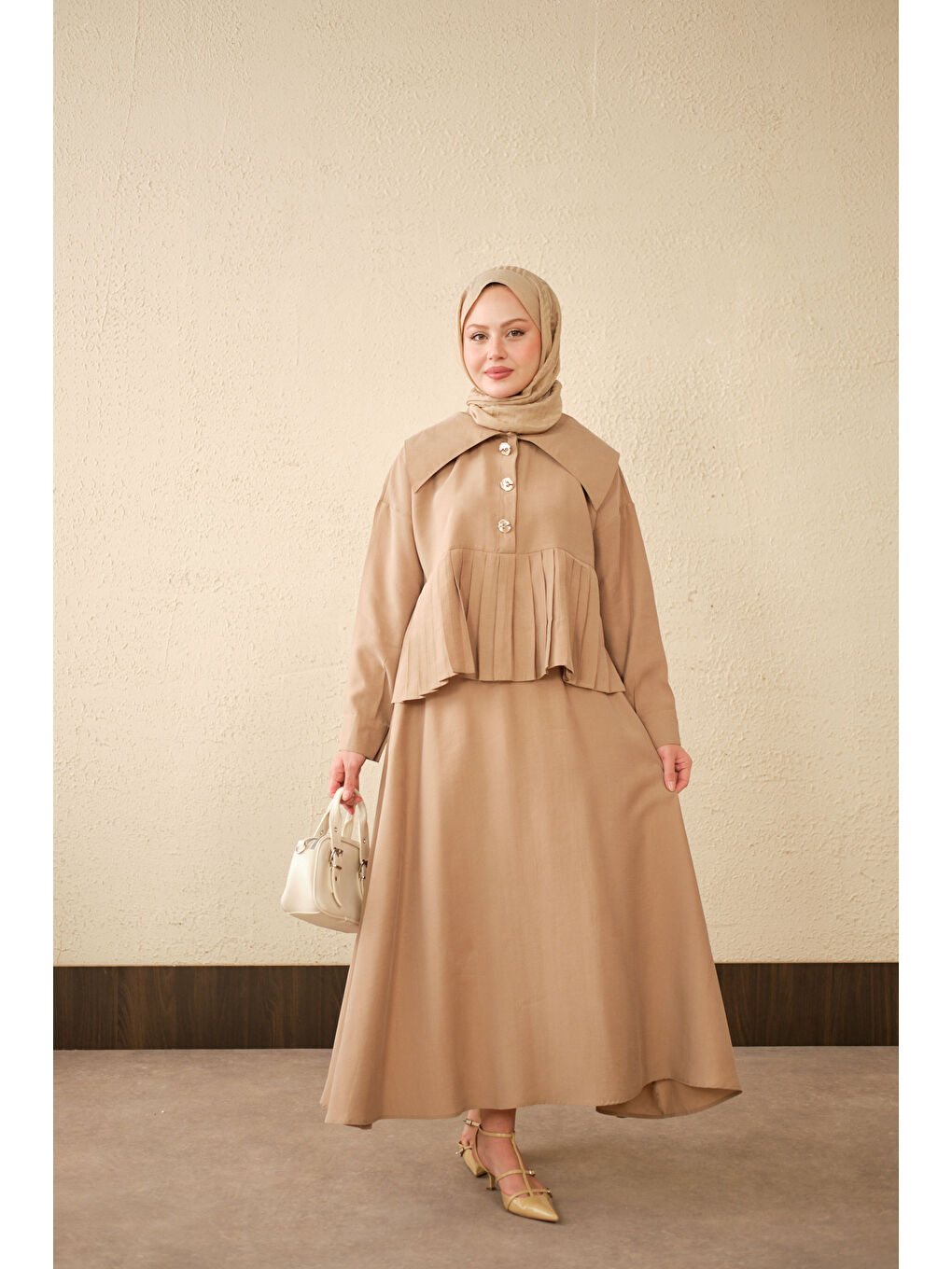 Bej Kadın Gemici Yaka Fırfır Detay Takım Vizon-1