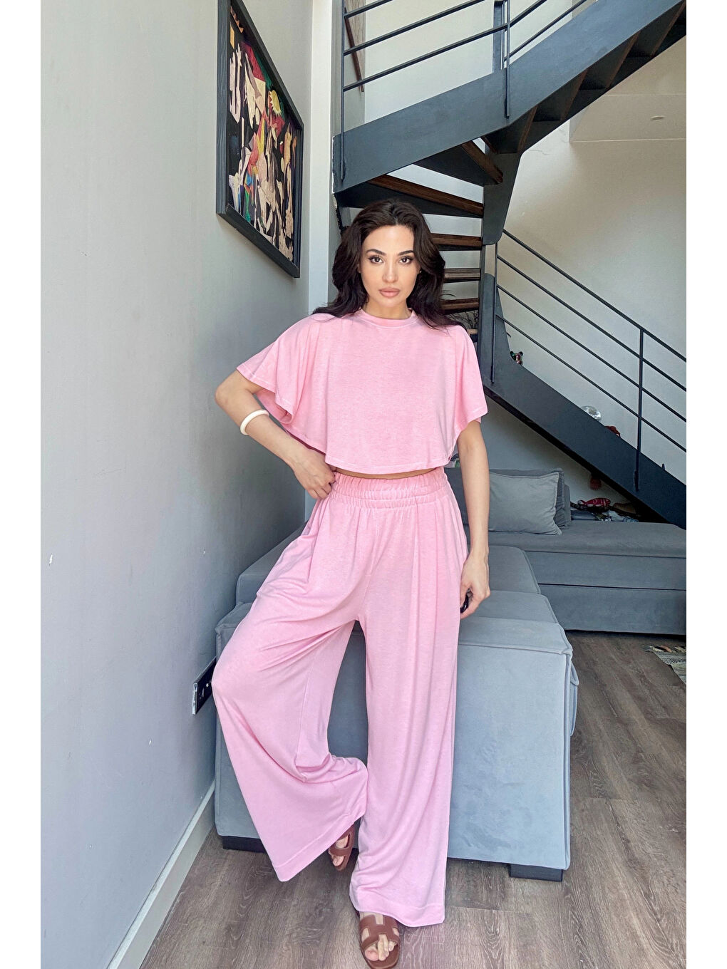 Kadın Pembe Crop Pantolon Takım 1017-0176-2