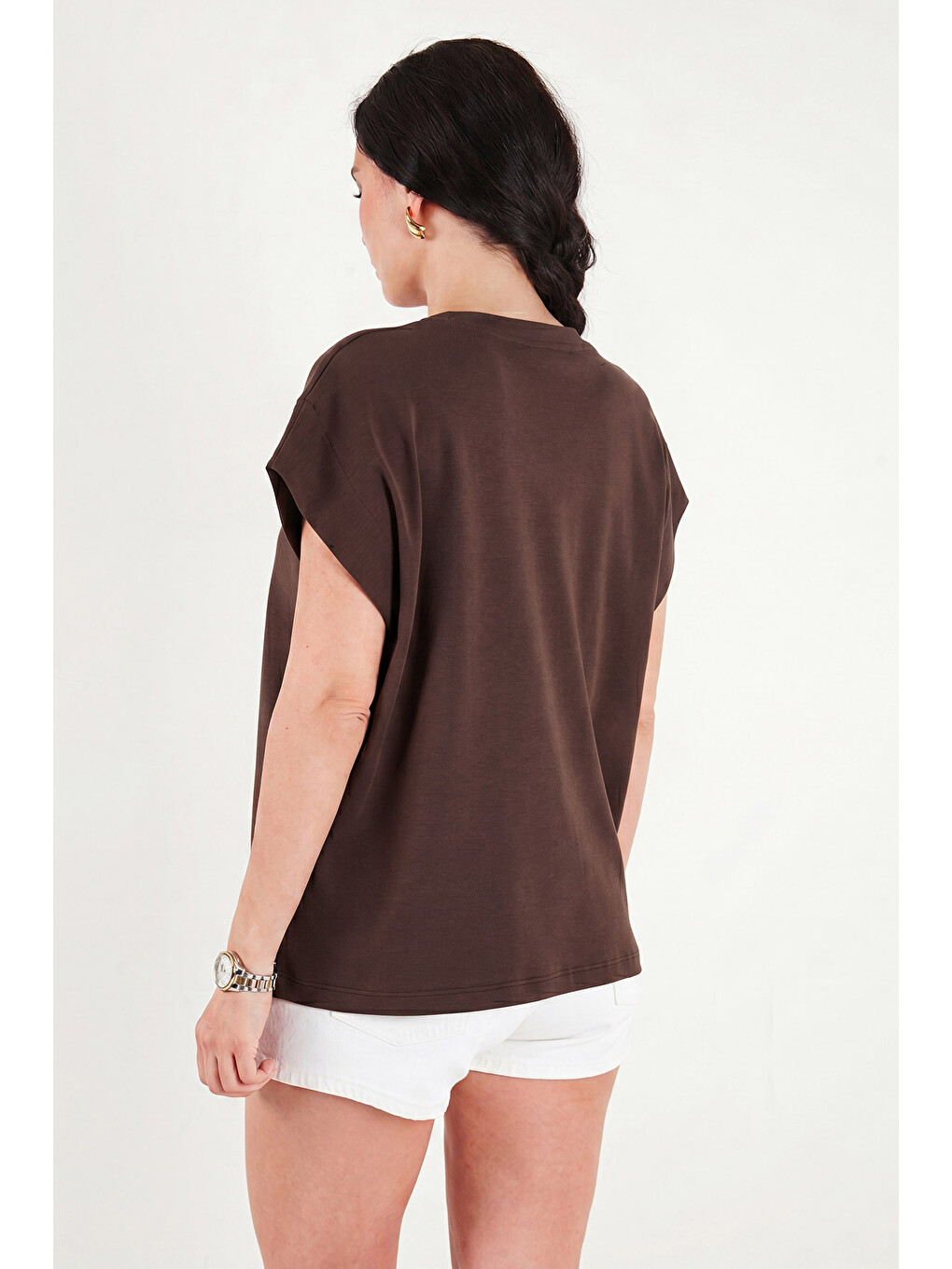 Kahverengi Pamuklu Rahat Kalıp Bisiklet Yaka Kadın T Shirt 5866955-6