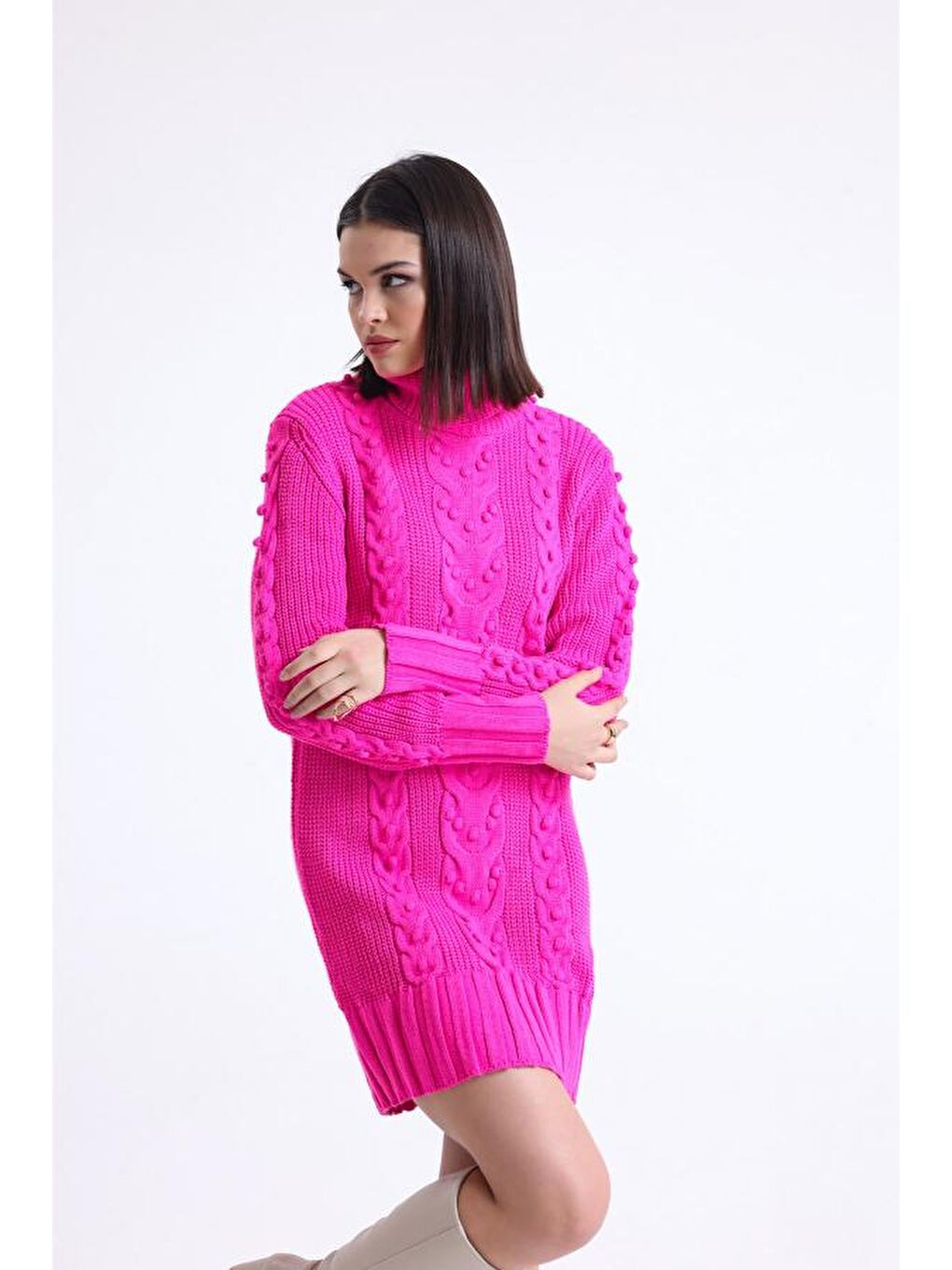Fuşya Kadın Balıkçı Yaka Gofralı Triko Tunik 11002