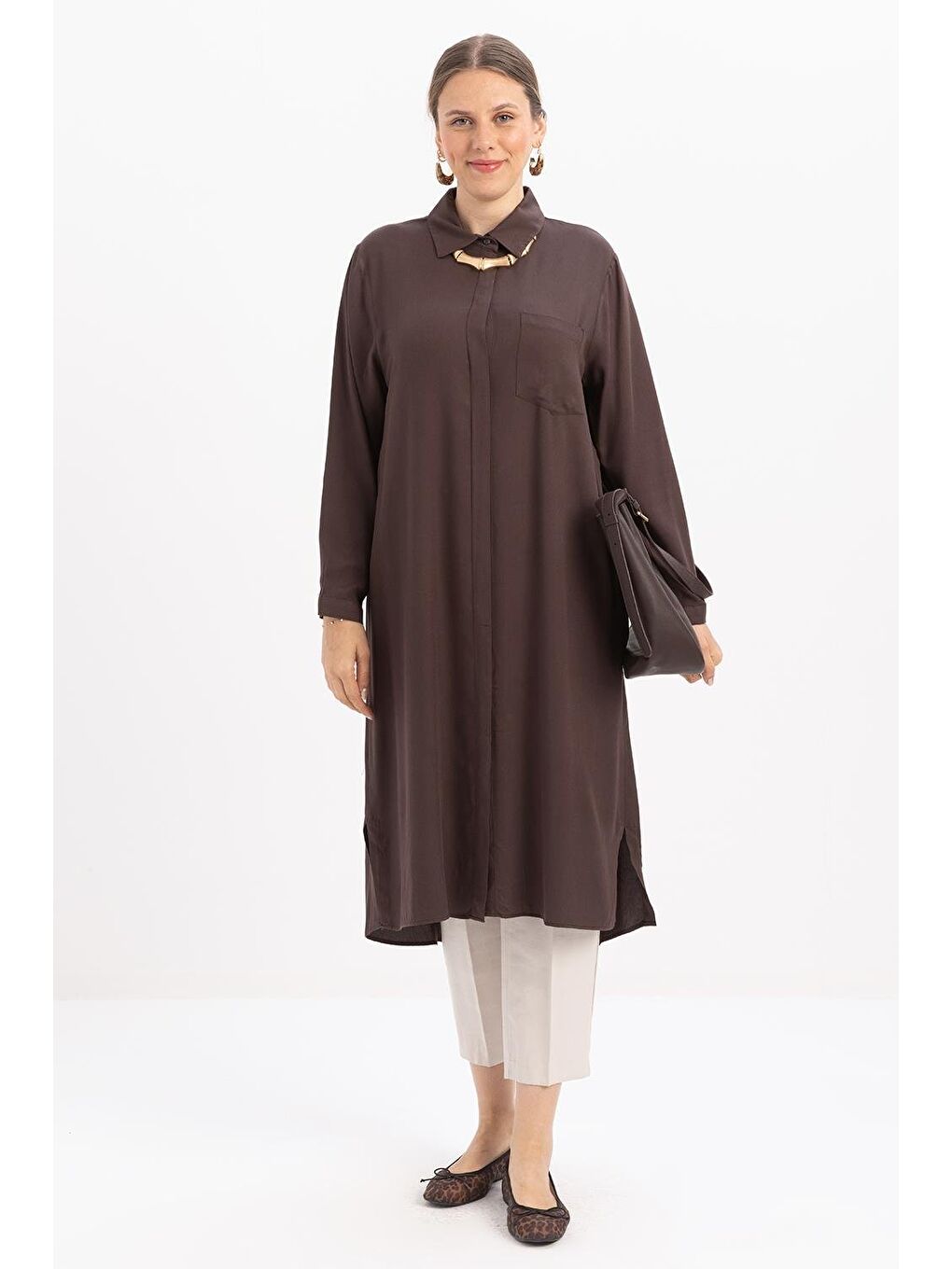 Beyaz Kahve-Yırtmaçlı Cepli Uzun Gömlek-1