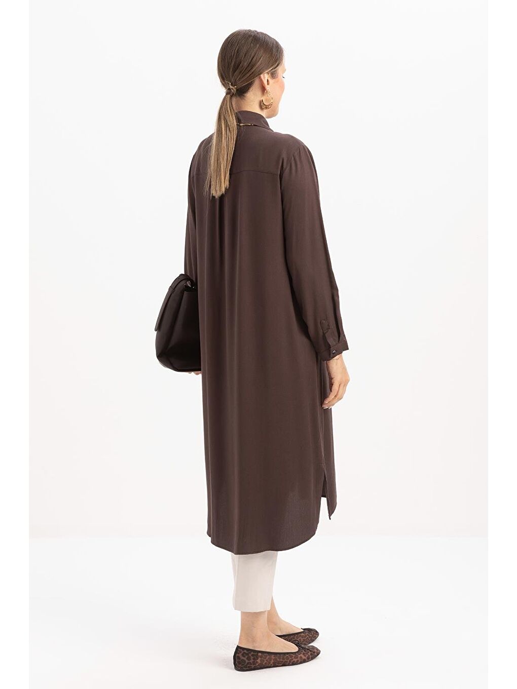 Beyaz Kahve-Yırtmaçlı Cepli Uzun Gömlek-3