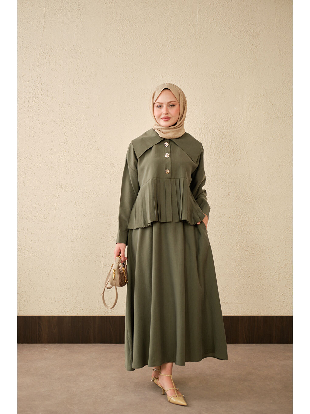 Kadın Gemici Yaka Fırfır Detay Takım Haki Yeşil-1