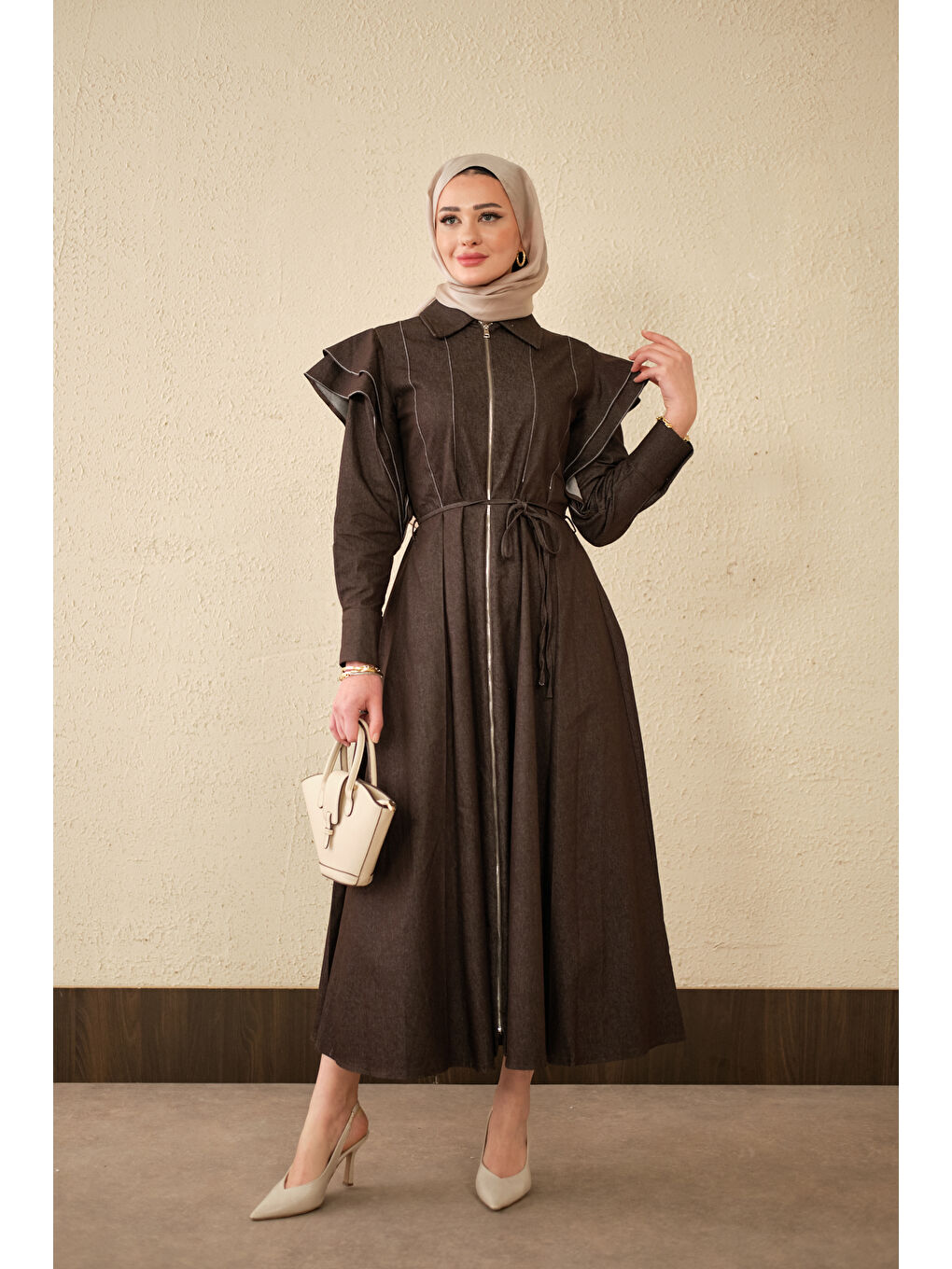 Kadın Dikiş Detay Omuz Büzgülü Jean Elbise Kahverengi-3