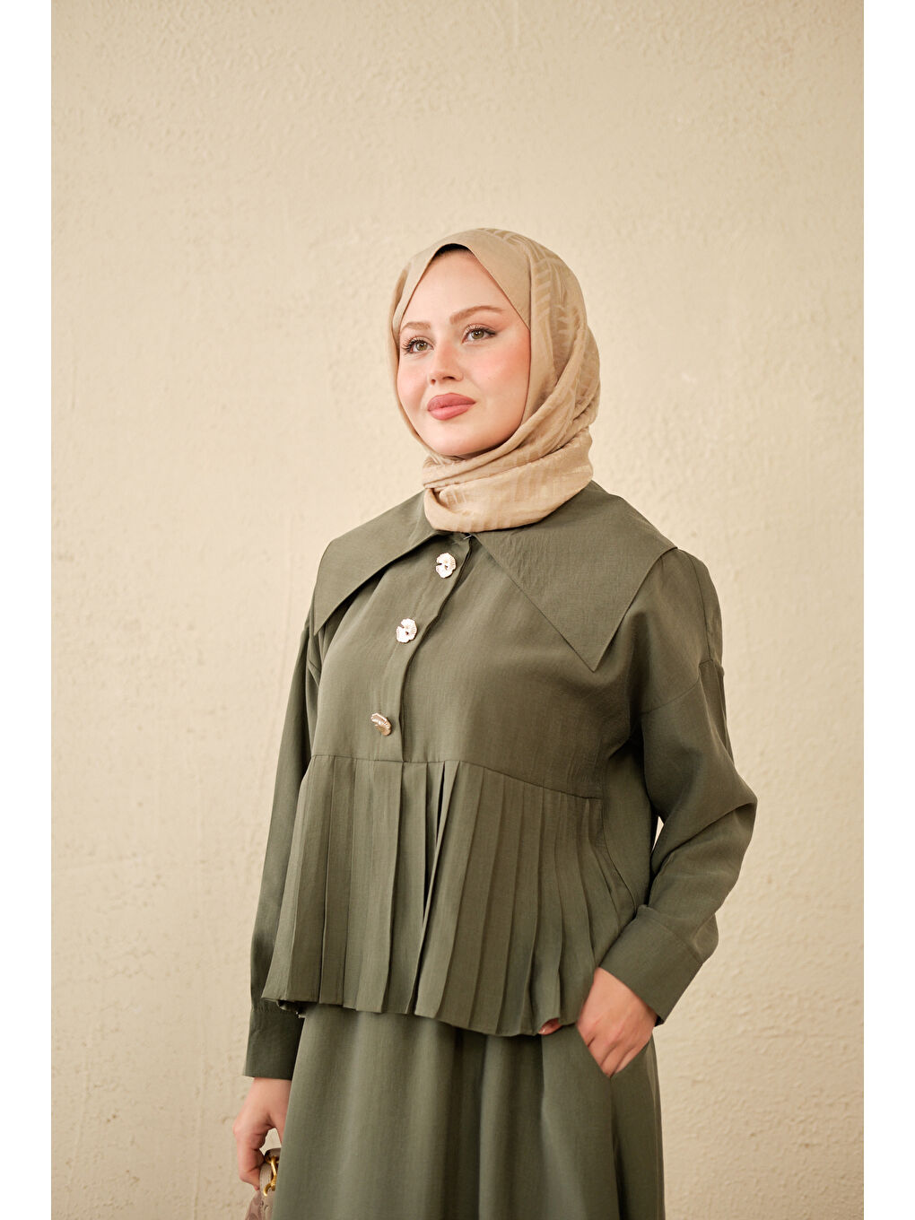 Kadın Gemici Yaka Fırfır Detay Takım Haki Yeşil-2
