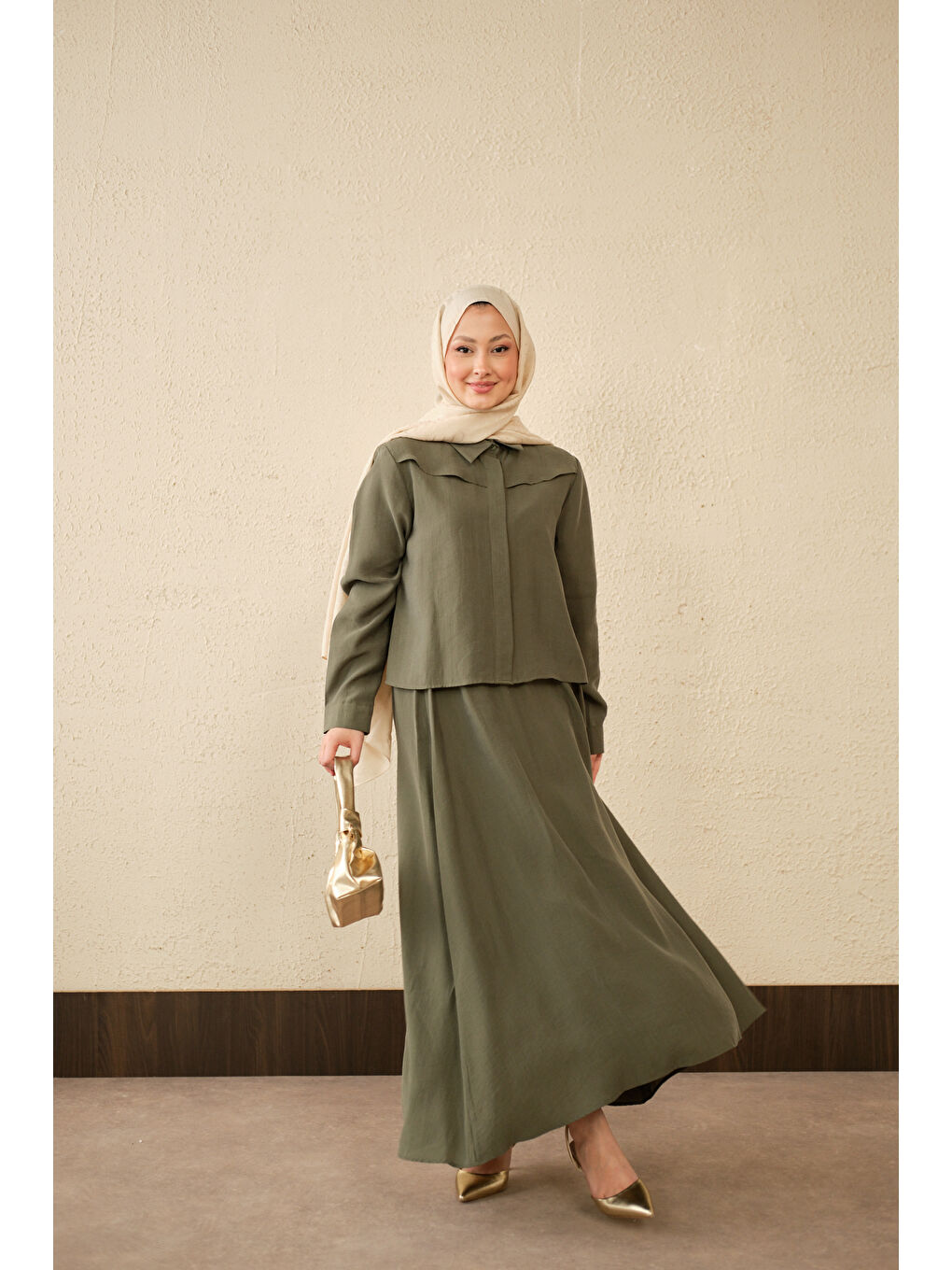 Kadın Ön Gizli Düğme Detay Kısa Gömlek Takım Yeşil-1