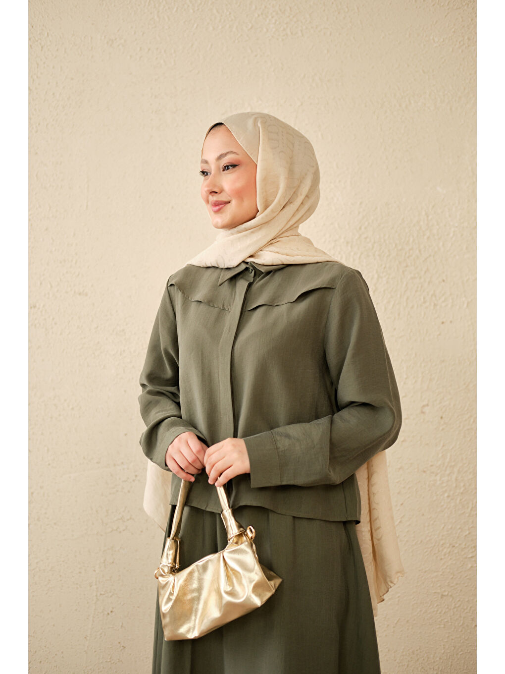 Kadın Ön Gizli Düğme Detay Kısa Gömlek Takım Yeşil-2