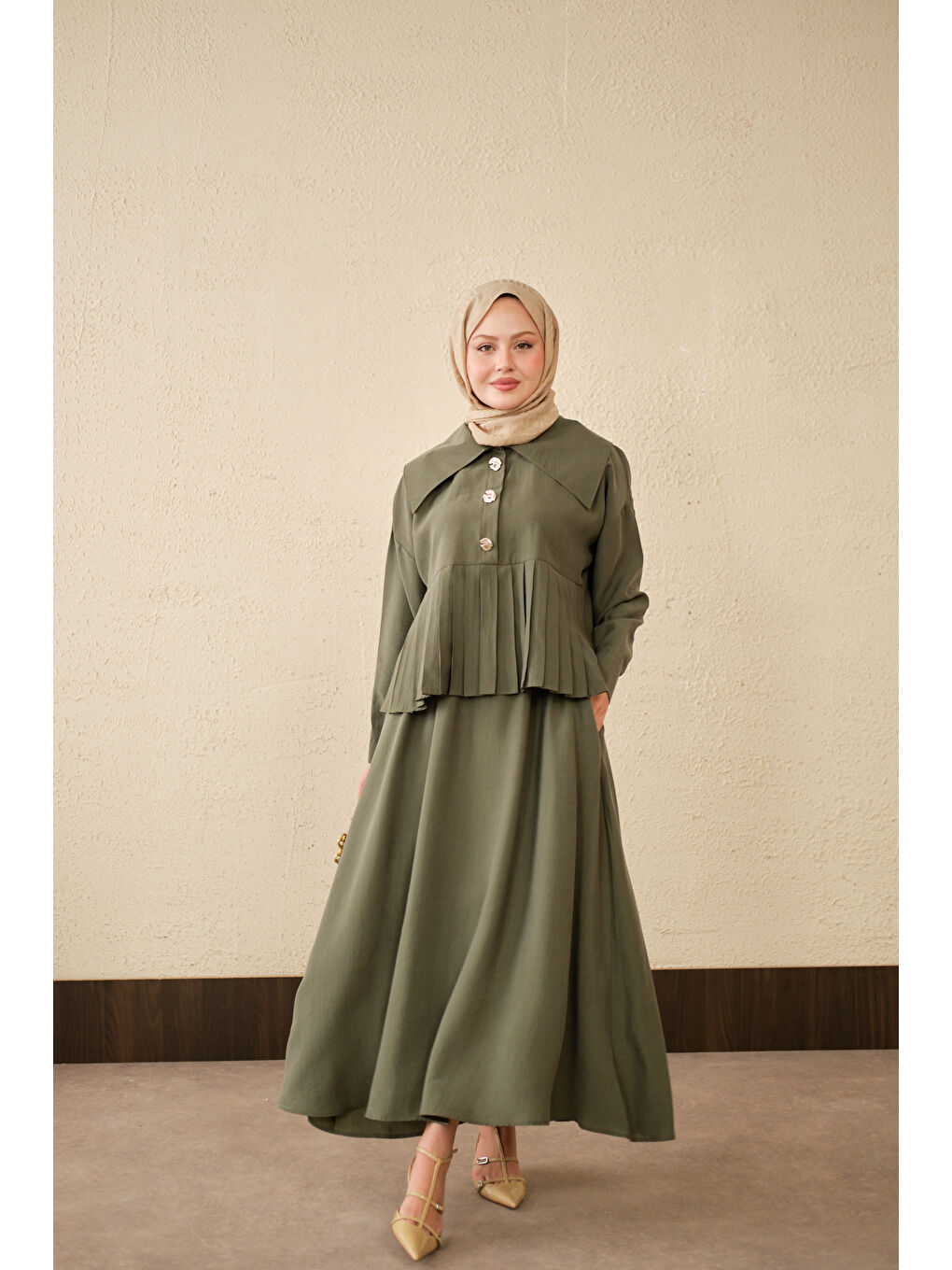 Kadın Gemici Yaka Fırfır Detay Takım Haki Yeşil-3